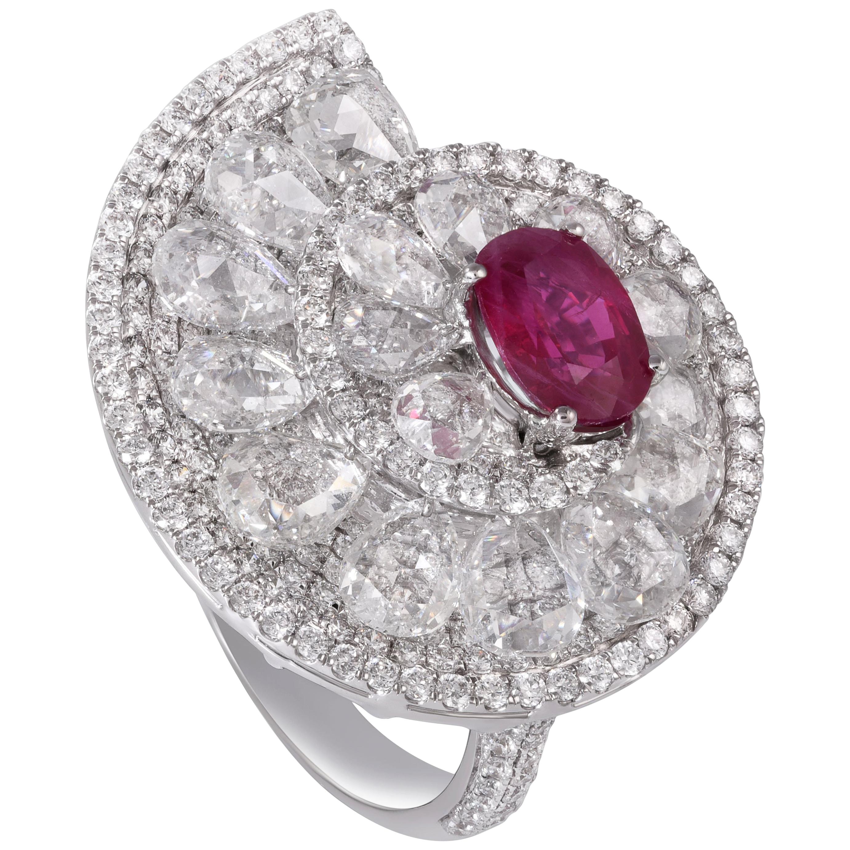 18 Karat White Gold 1.63cts Natural Burmese Ruby Rose Cut Diamond Ring 6.06ct For Sale
