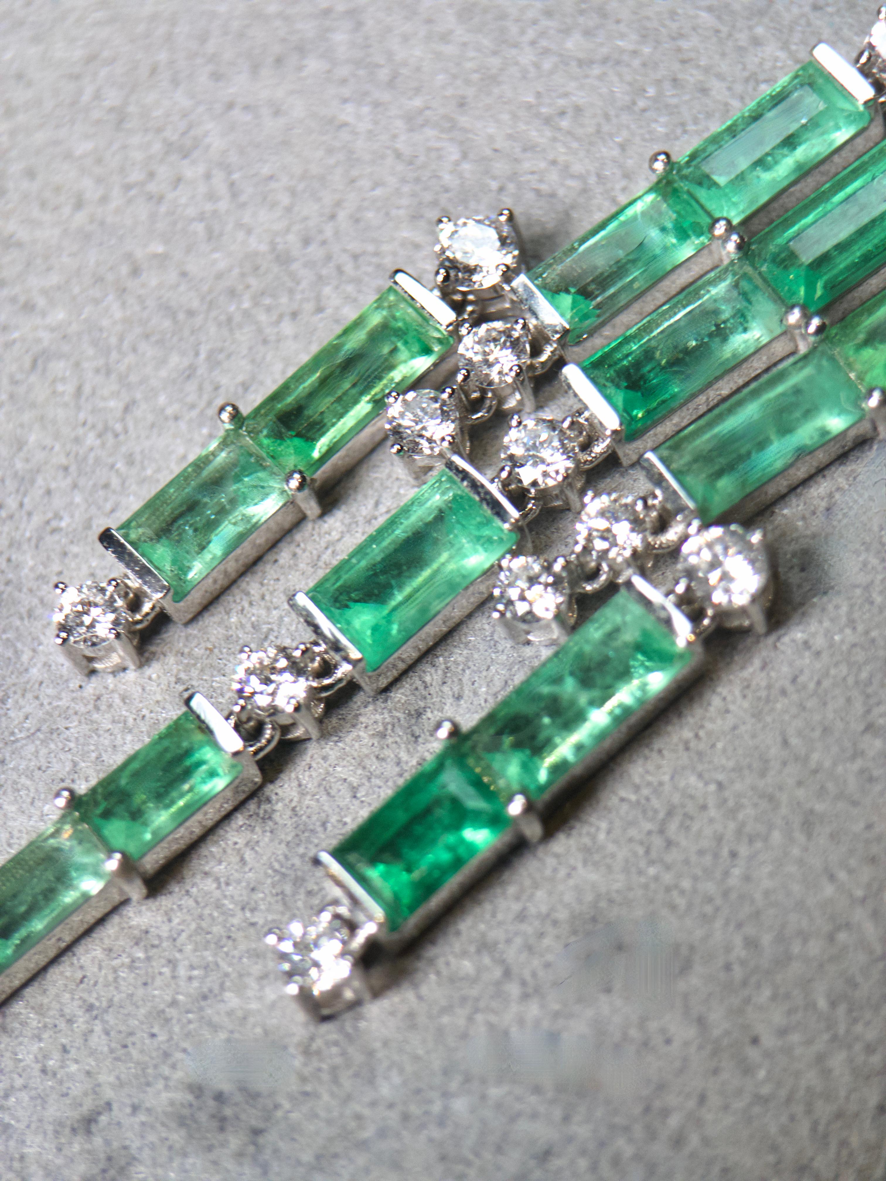 Contemporary Eostre Emerald, Purple Diamond and Diamond Earring in 18K White Gold For Sale