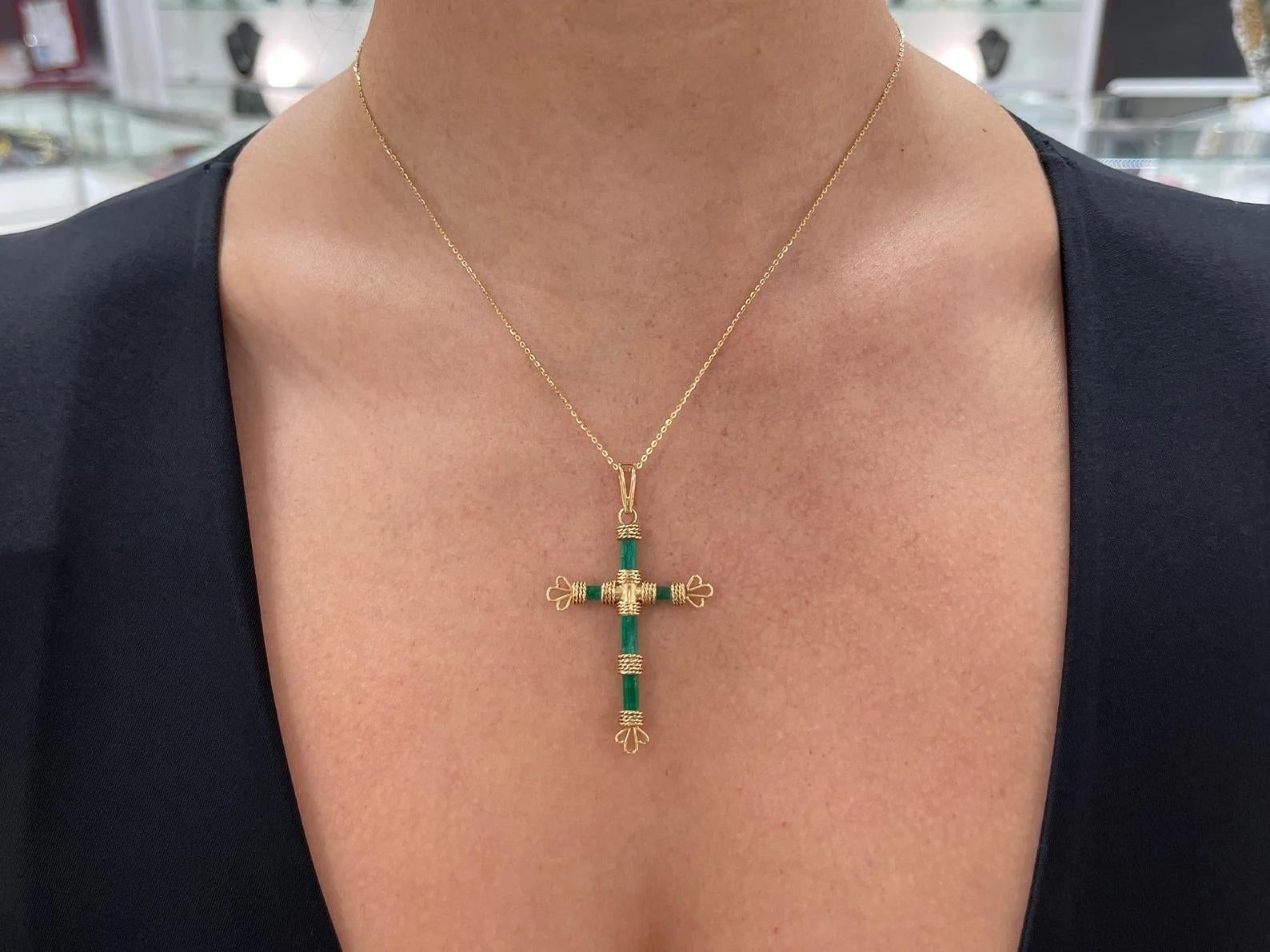 Modern 7.69tcw One of a Kind Rough Colombian Emerald Gold Raw Crystal Cross Pendant 18K For Sale