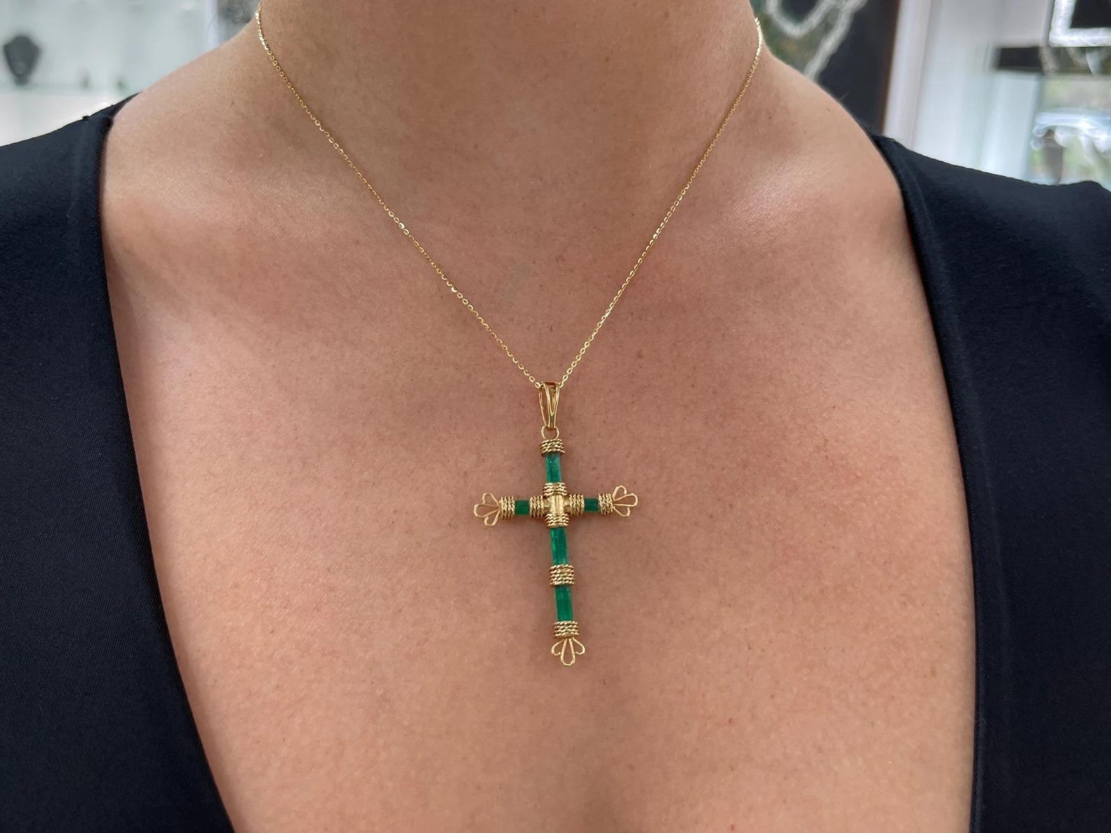 Emerald Cut 7.69tcw One of a Kind Rough Colombian Emerald Gold Raw Crystal Cross Pendant 18K For Sale