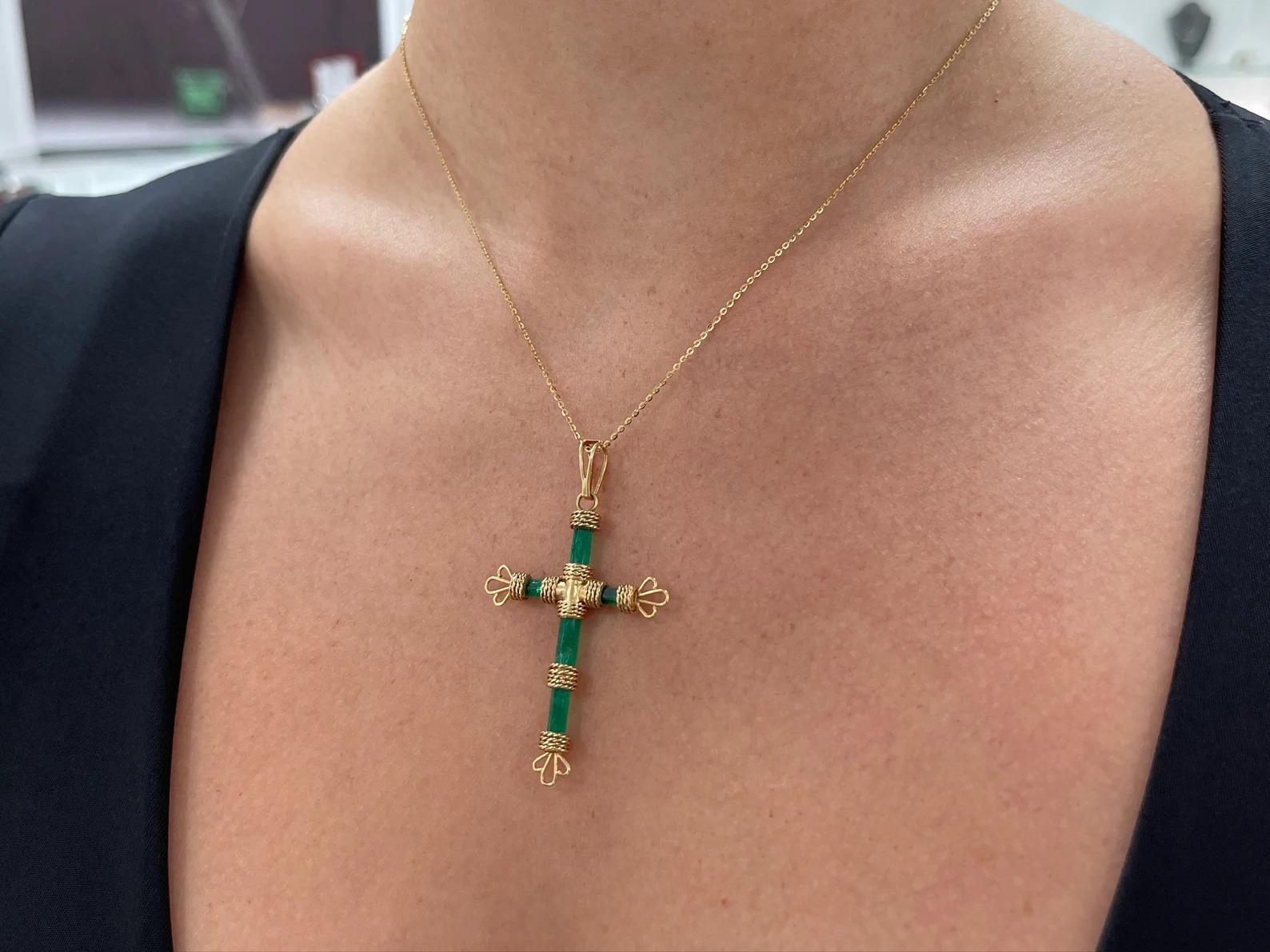 7.69tcw One of a Kind Rough Colombian Emerald Gold Raw Crystal Cross Pendant 18K In New Condition For Sale In Jupiter, FL