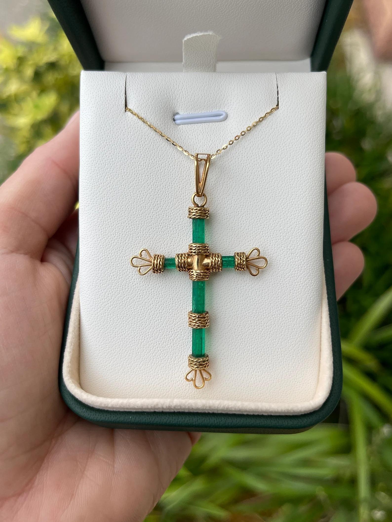 Women's or Men's 7.69tcw One of a Kind Rough Colombian Emerald Gold Raw Crystal Cross Pendant 18K For Sale
