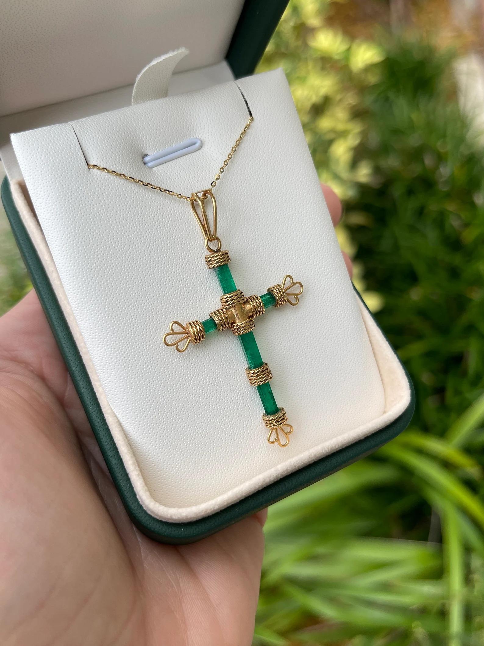 7.69tcw One of a Kind Rough Colombian Emerald Gold Raw Crystal Cross Pendant 18K For Sale 1