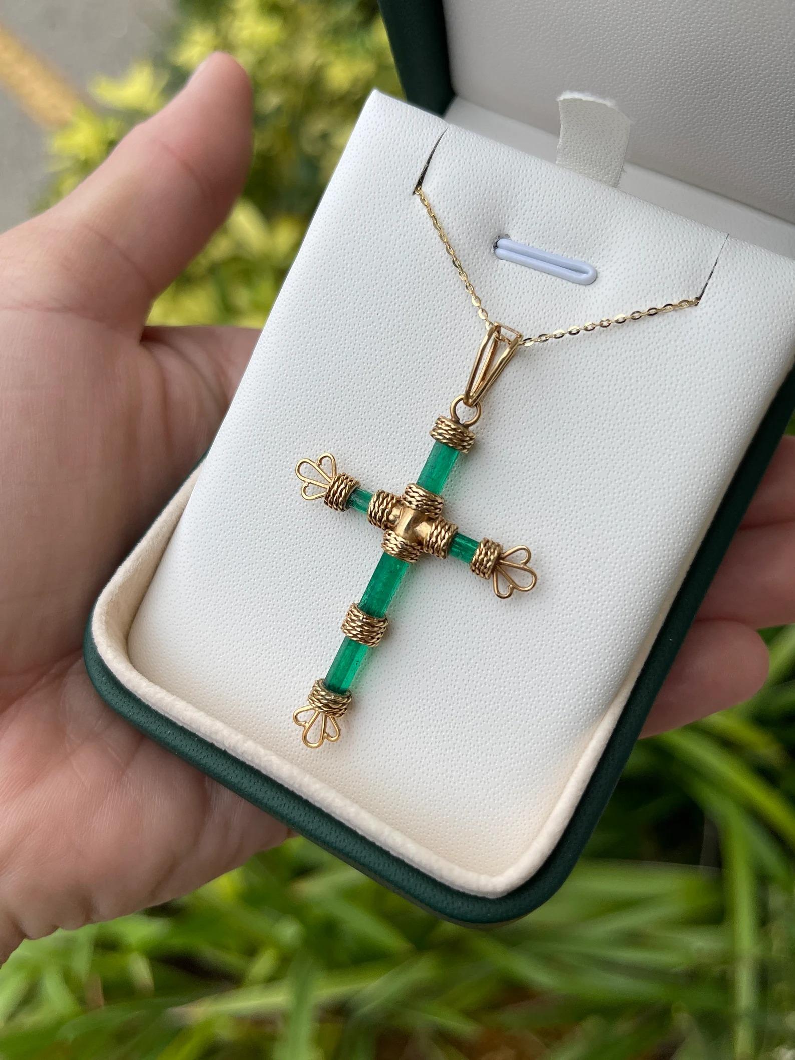 7.69tcw One of a Kind Rough Colombian Emerald Gold Raw Crystal Cross Pendant 18K For Sale 2