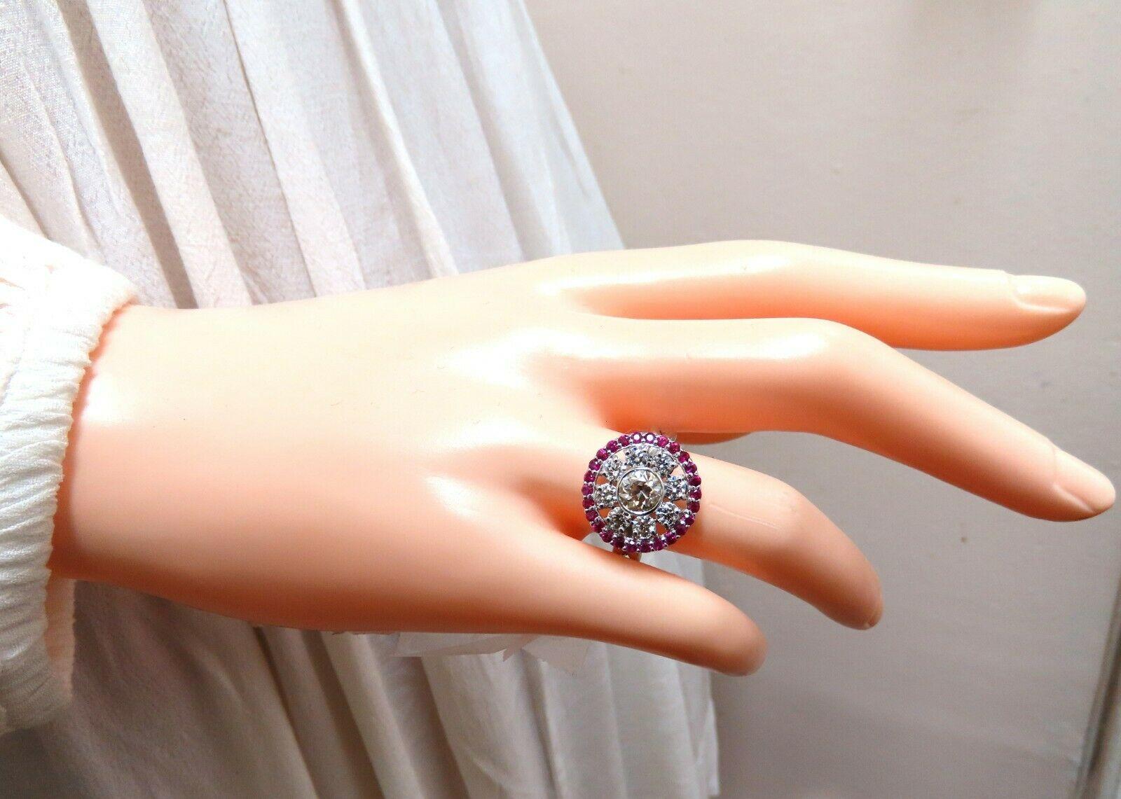 Round Cut .76ct Fancy Color Diamond Ruby Cocktail Circular Cluster Halo Ballerina Ring 14k For Sale