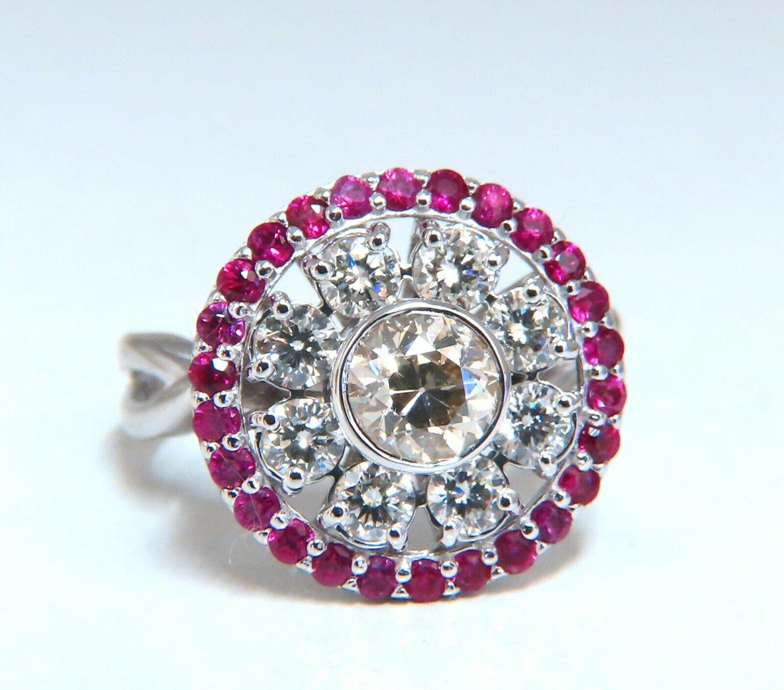 .76ct Fancy Color Diamond Ruby Cocktail Circular Cluster Halo Ballerina Ring 14k In New Condition For Sale In New York, NY