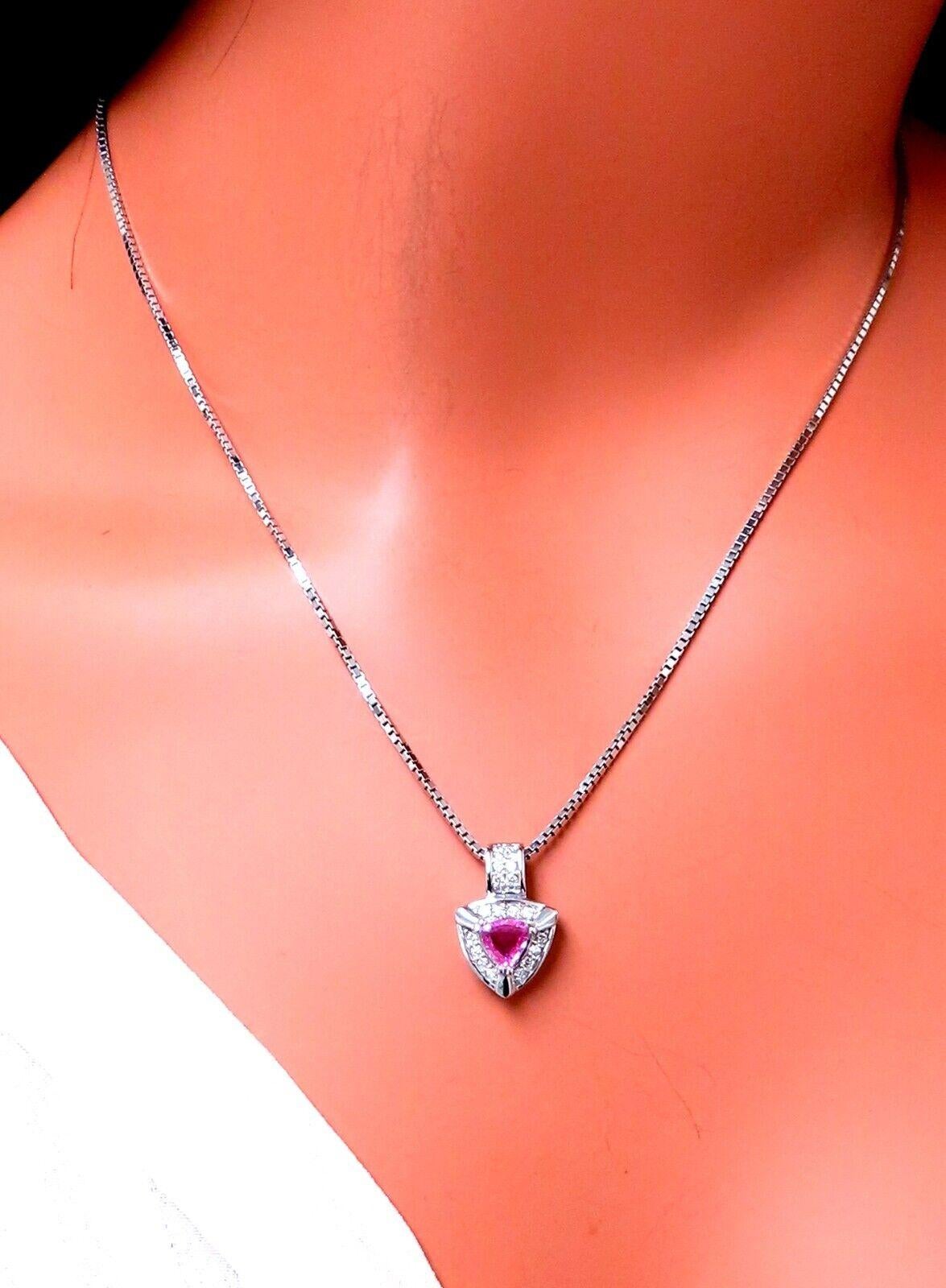 .76ct Natural Pink Sapphire necklace.

5x5 mm


.40ct natural round diamonds

G color, Vs2 Clarity

14 karat white gold

18 inch necklace


Pendant measures 18 x 12 mm

9 grams