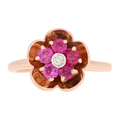 .76ctw Round Cut Synthetic Ruby & Diamond Ring, 14k Rose Gold Halo Flower