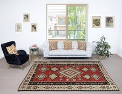 7.6x10 Ft Vintage Handwoven Red Kilim. Turkish Flat-Weave Rug. 100% Wool