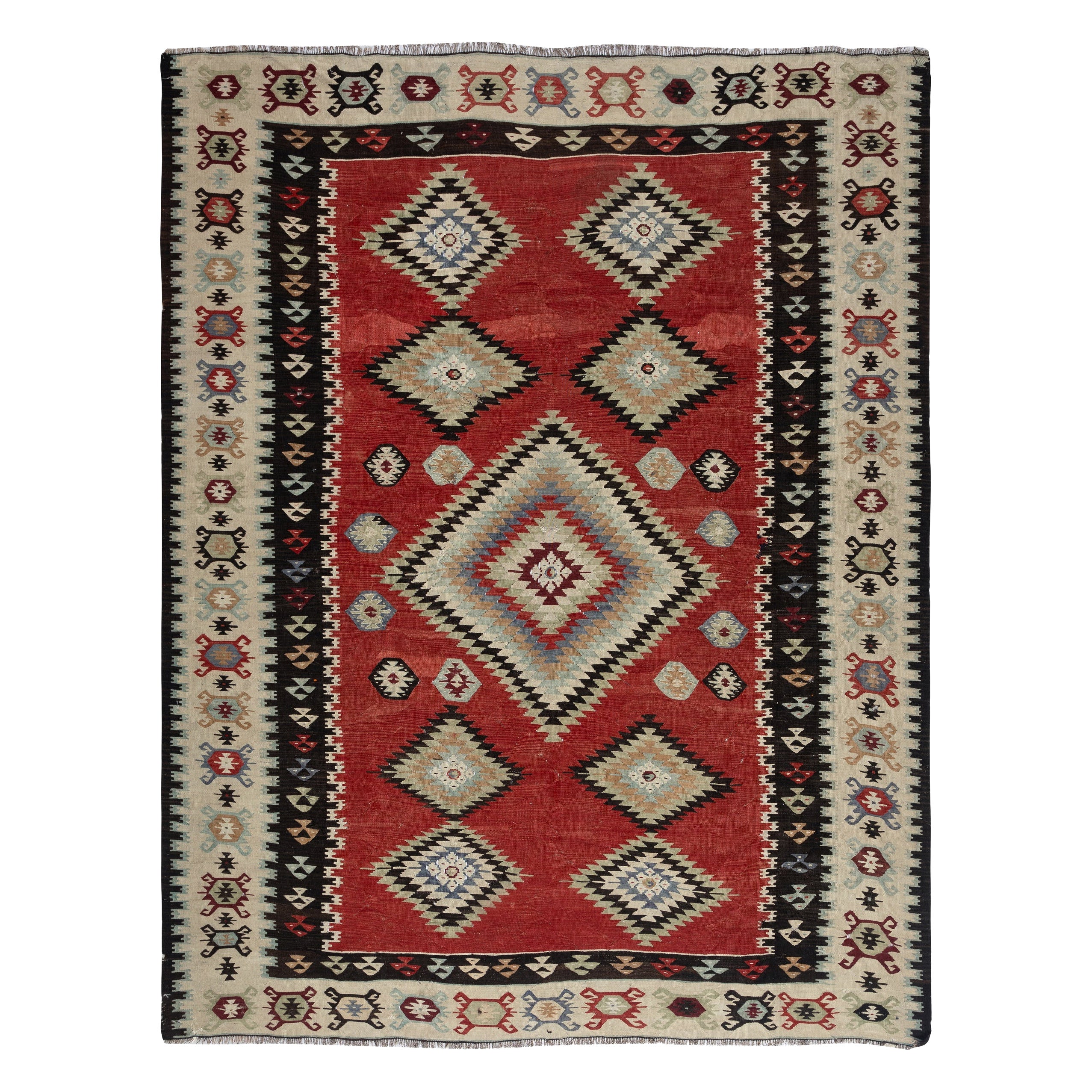 Kilim rosso vintage tessuto a mano da 7,6x10 piedi. Tappeto turco a trama piatta. 100% Lana in vendita