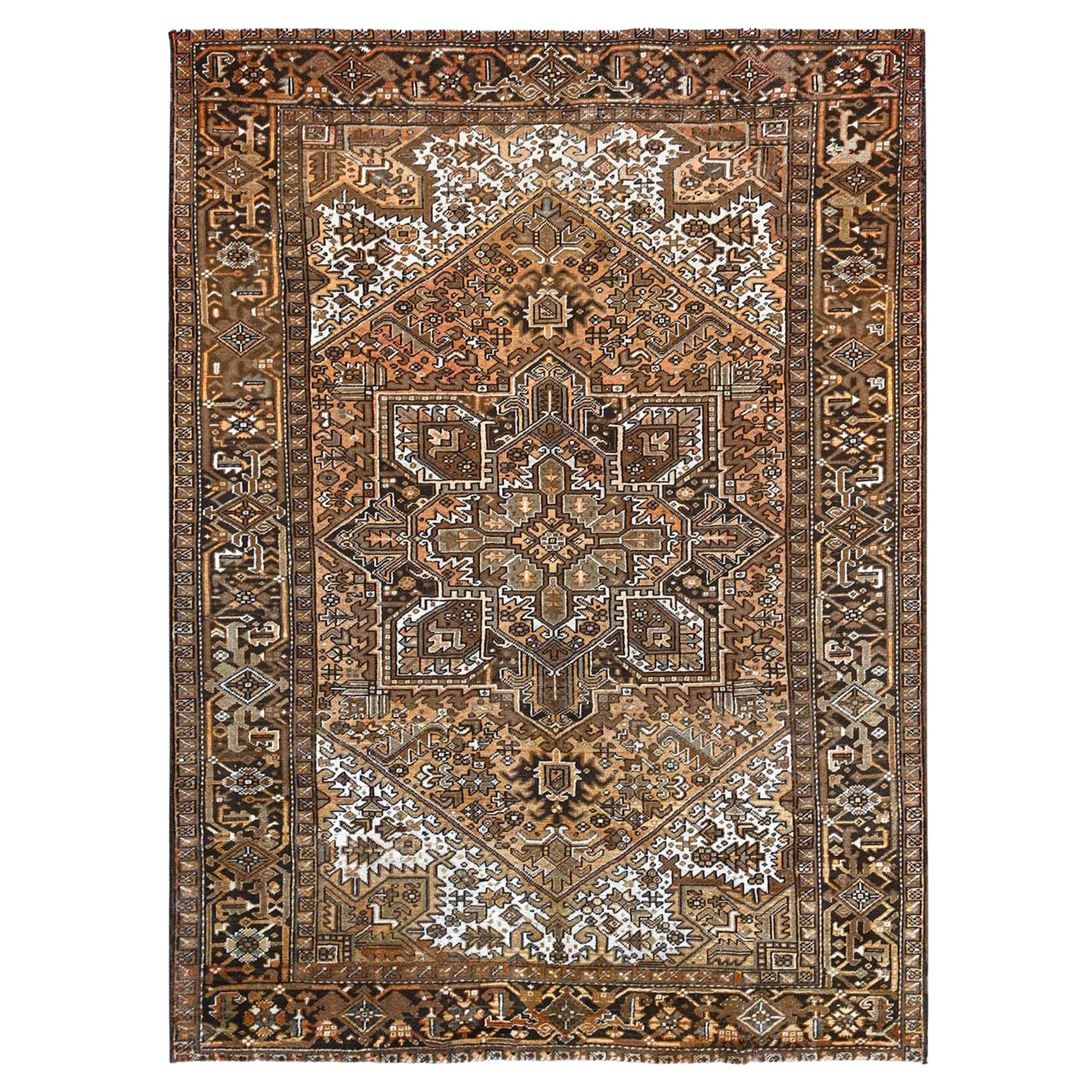 7'6"x10'2" Tawny Brown Vintage Persian Heriz noué à la main en pure laine orientale