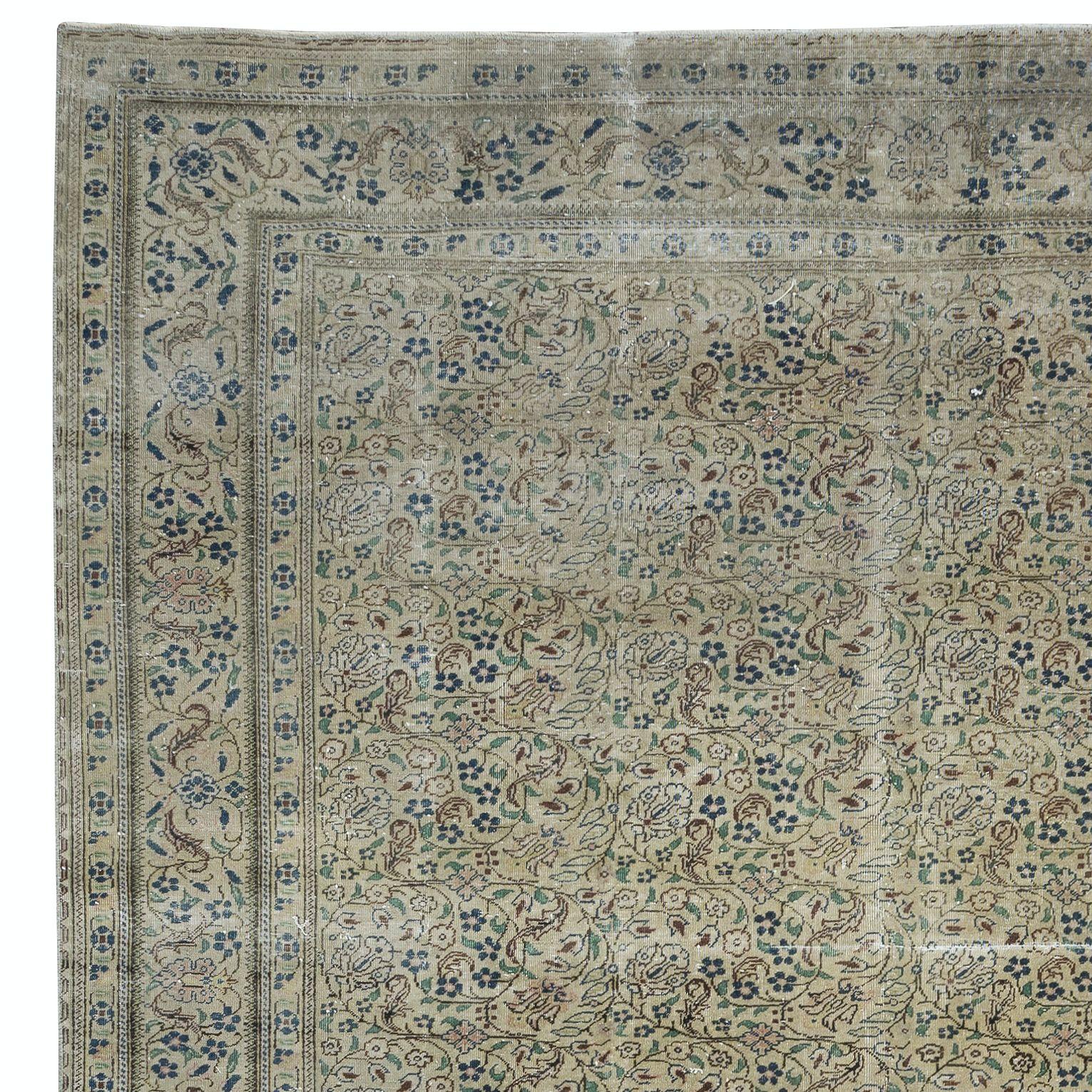 Hand-Knotted 7.6x11.3 Ft Unique Vintage Turkish Floral Rug in Beige, Navy Blue & Green For Sale