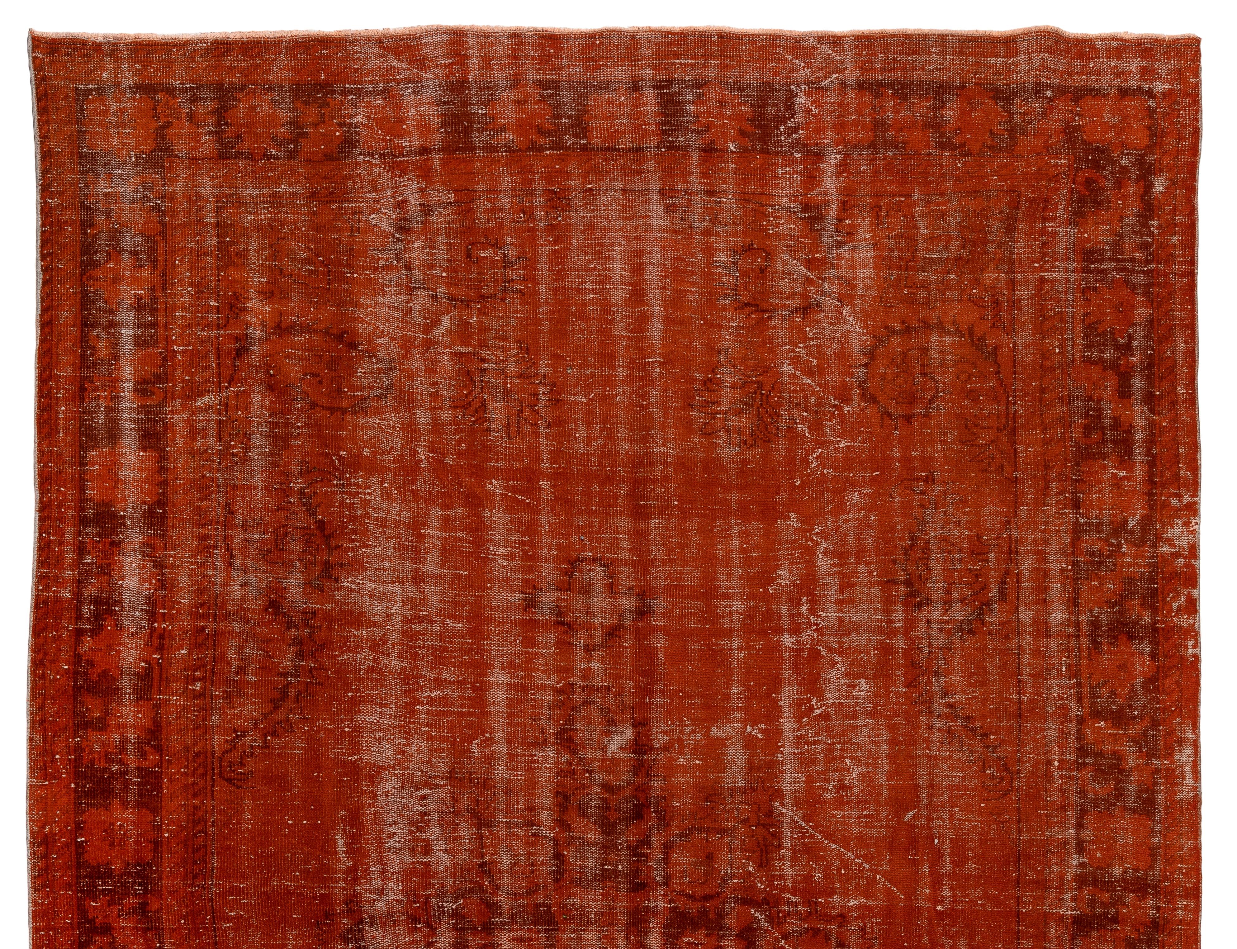 A vintage distressed Turkish rug re-dyed in orange color.
Finely hand knotted, low wool pile on cotton foundation. Deep washed.
Sturdy and can be used on a high traffic area, suitable for both residential and commercial interiors. Measures: 7.6 x
