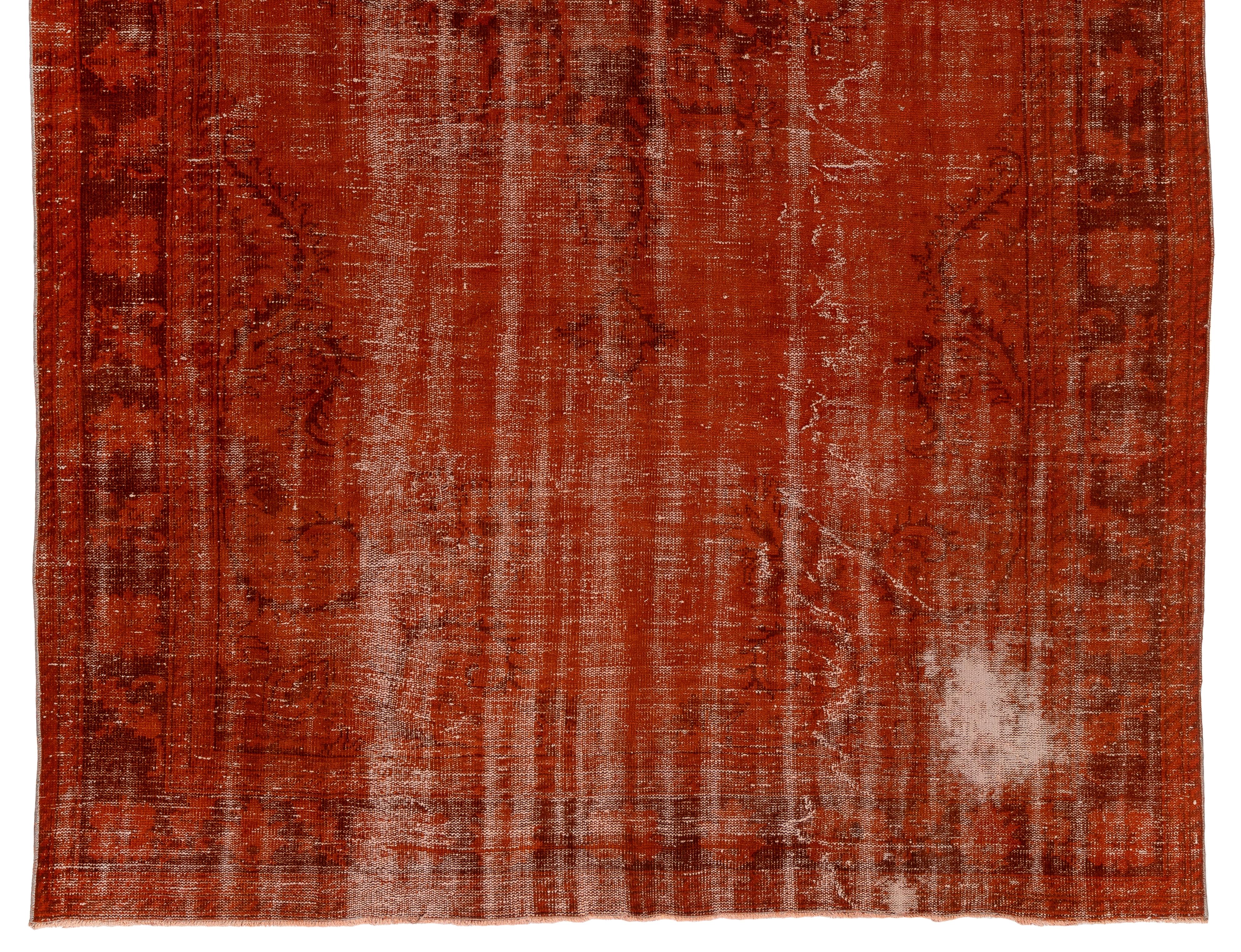 Modern 7.6x11.4 Ft Handmade Turkish Area Rug in Orange. Mid-Century Distressed Carpet For Sale