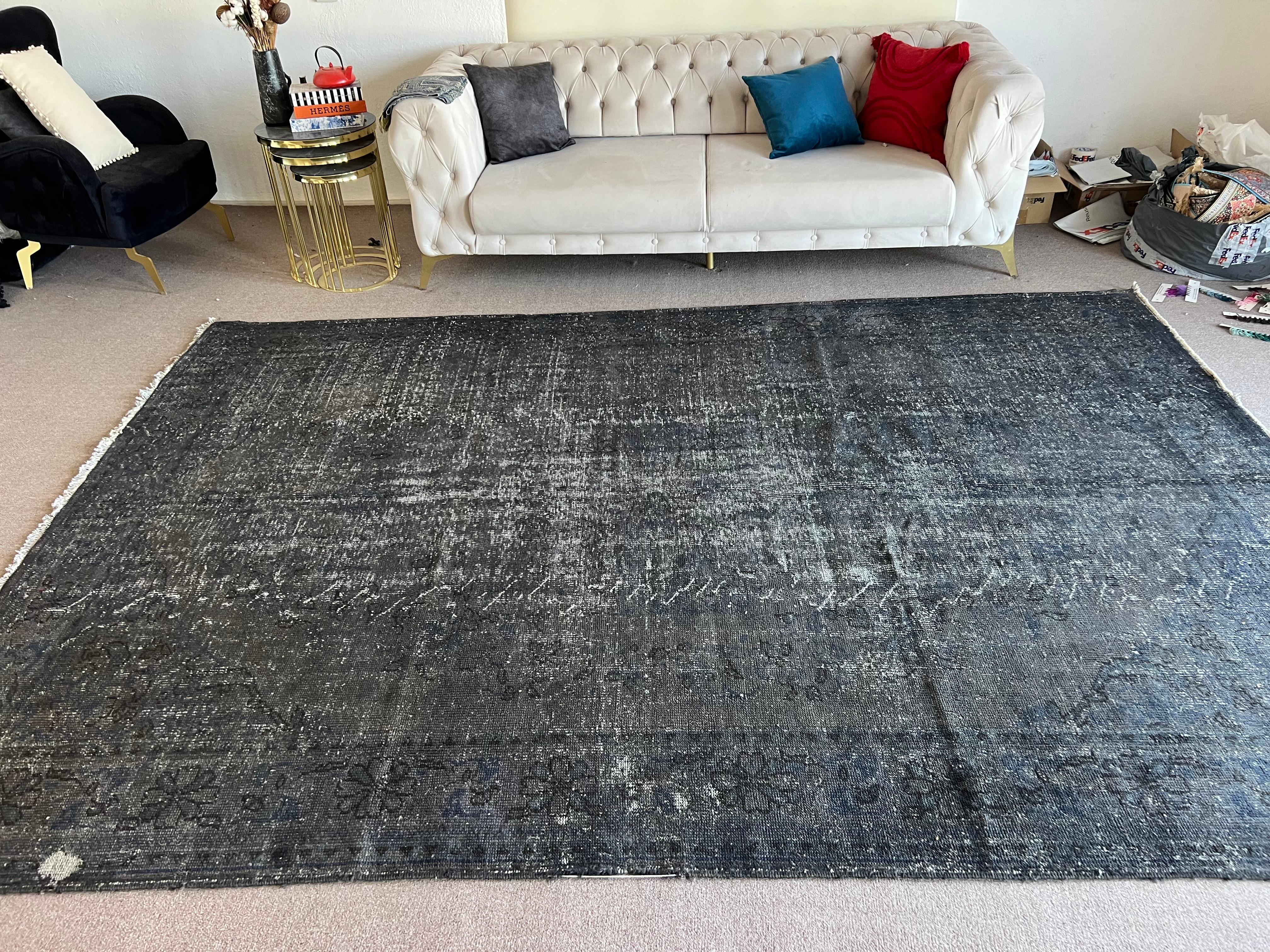 7.6x11.4 Ft Vintage Distressed Handmade Turkish Large Rug in Taupe & Black Color For Sale 1