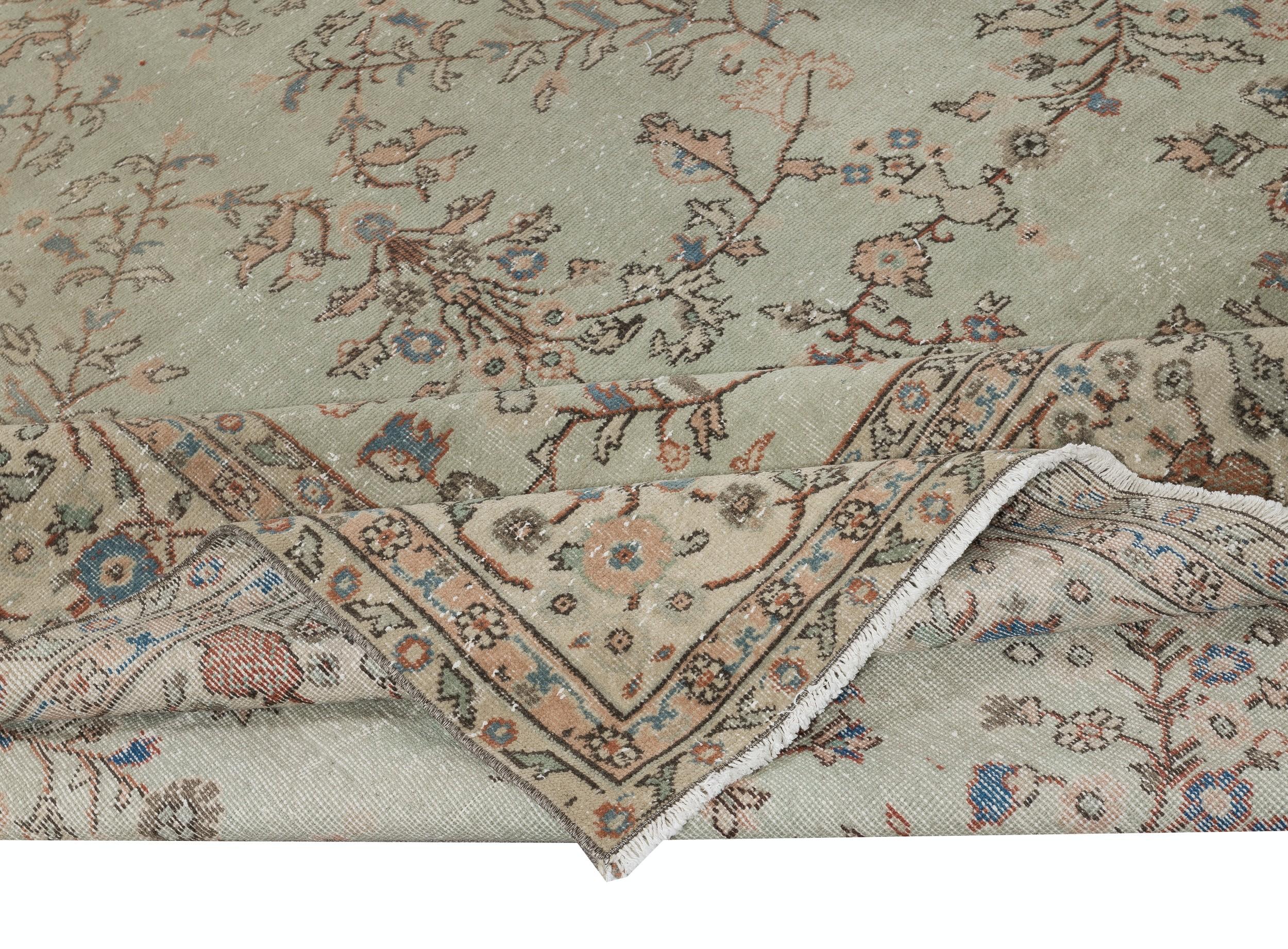 Rustic 7.6x11.6 Ft Vintage Handmade Soft Green Rug. Unique Floral Design Turkish Carpet For Sale