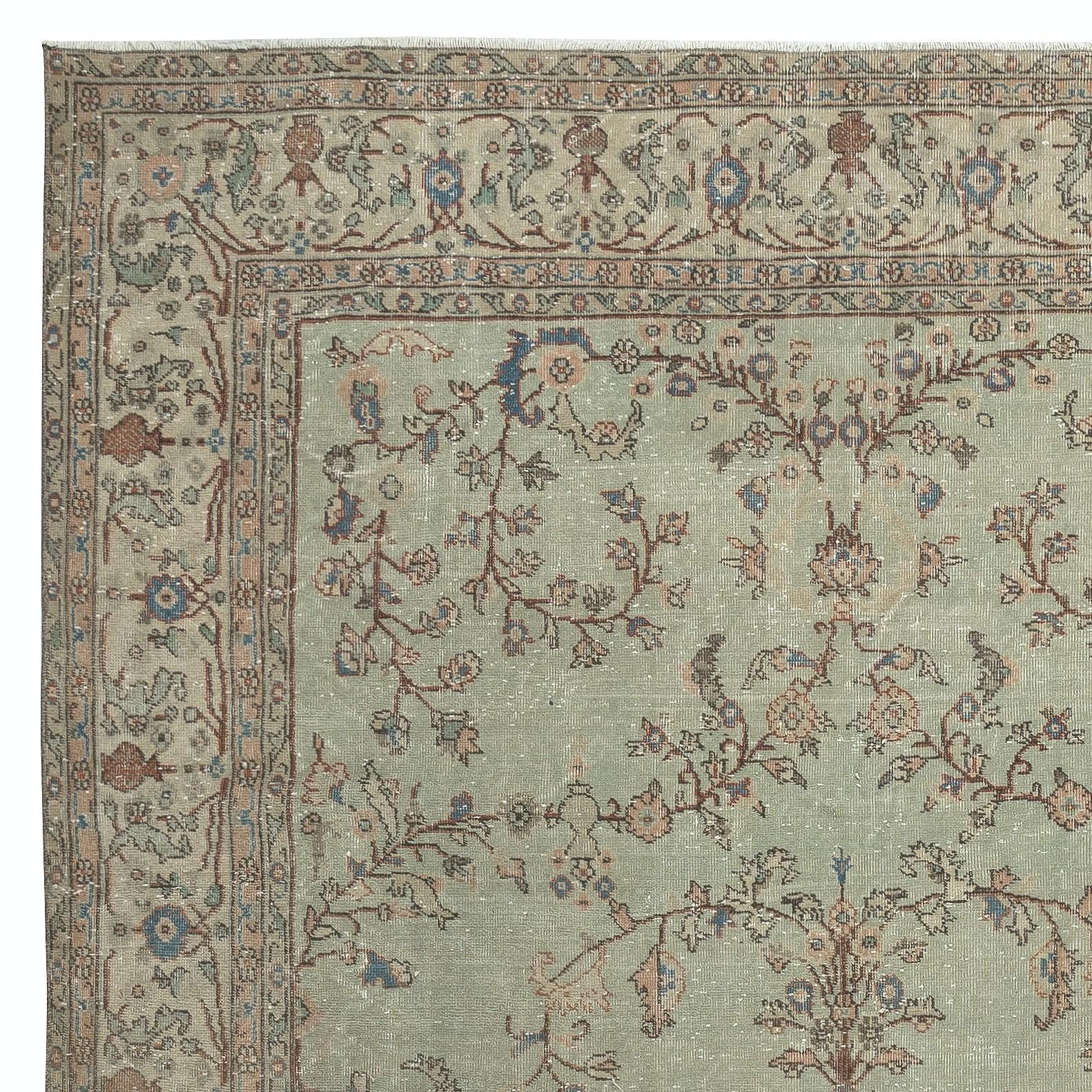 Hand-Knotted 7.6x11.6 Ft Vintage Handmade Soft Green Rug. Unique Floral Design Turkish Carpet For Sale