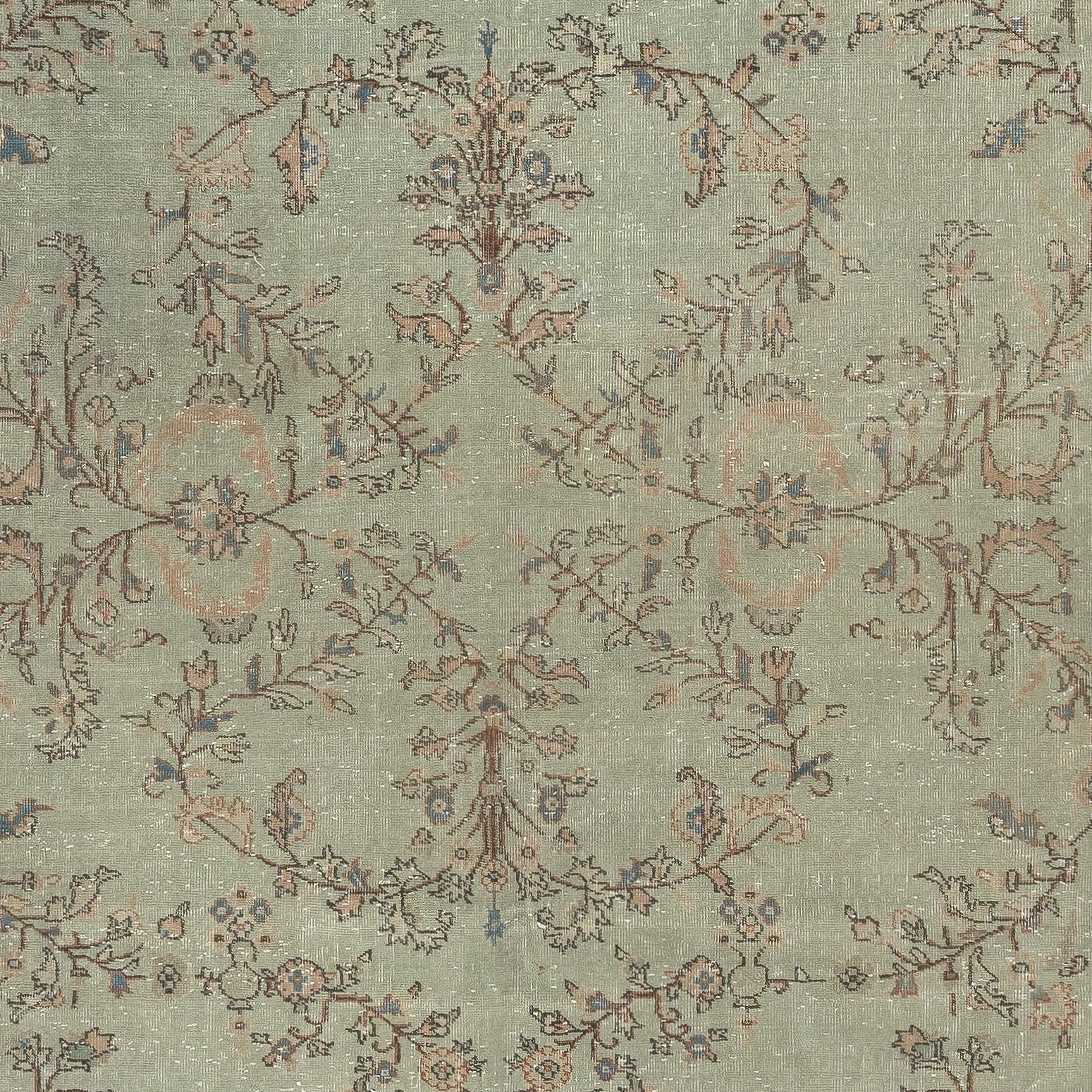 7.6x11.6 Ft Vintage Handmade Soft Green Rug. Unique Floral Design Turkish Carpet In Good Condition For Sale In Spring Valley, NY