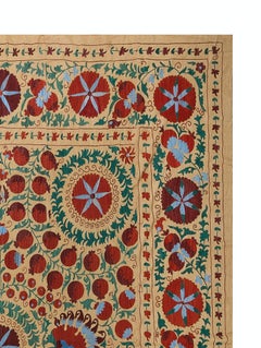7.6x8.3 Ft Silk Hand Embroidery Bed Cover, Suzani Wall Hanging, Vintage Throw