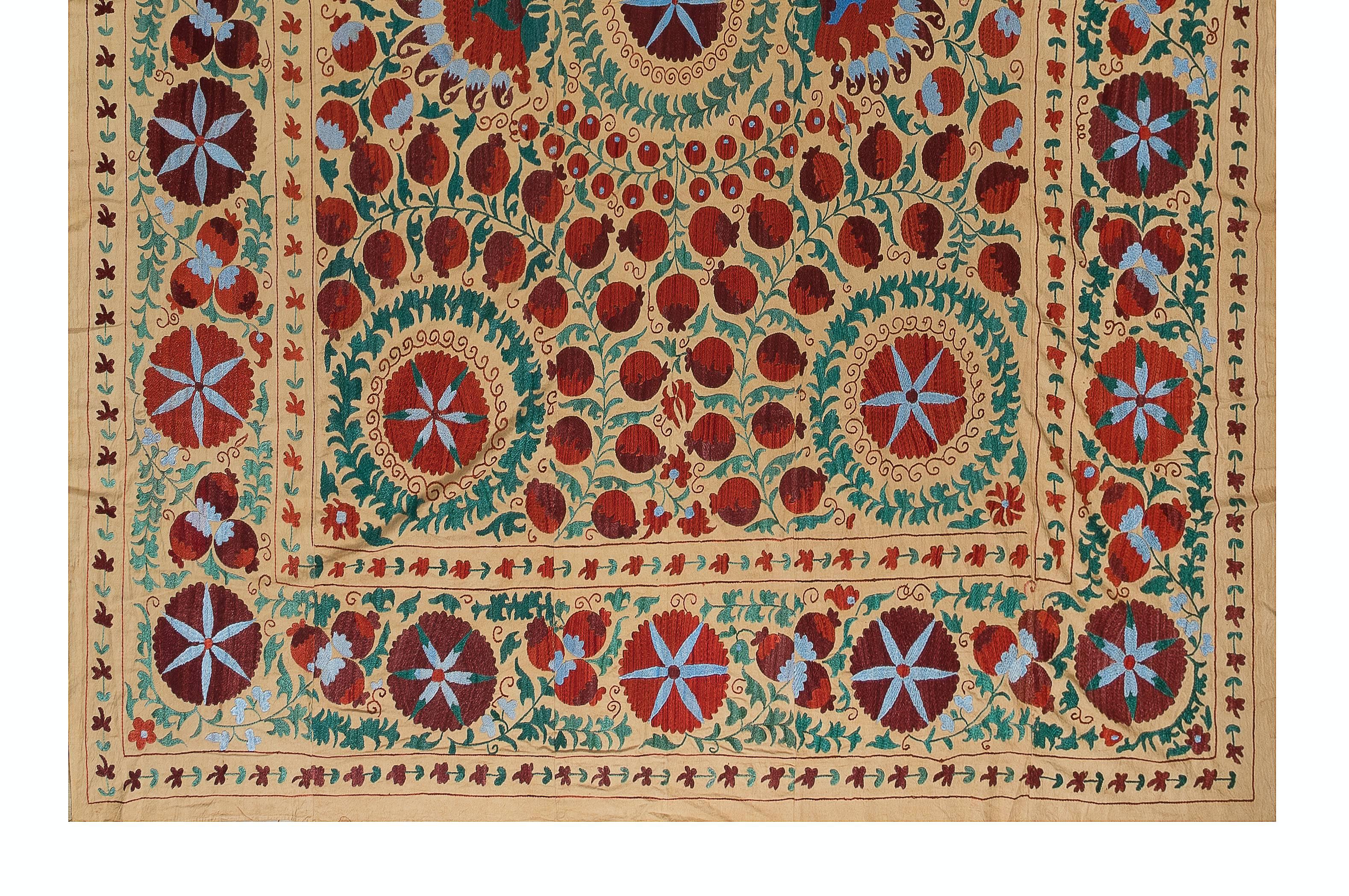 Uzbek 7.6x8.3 Ft Vintage Silk Hand Embroidery Bed Cover, Asian Suzani Wall Hanging For Sale