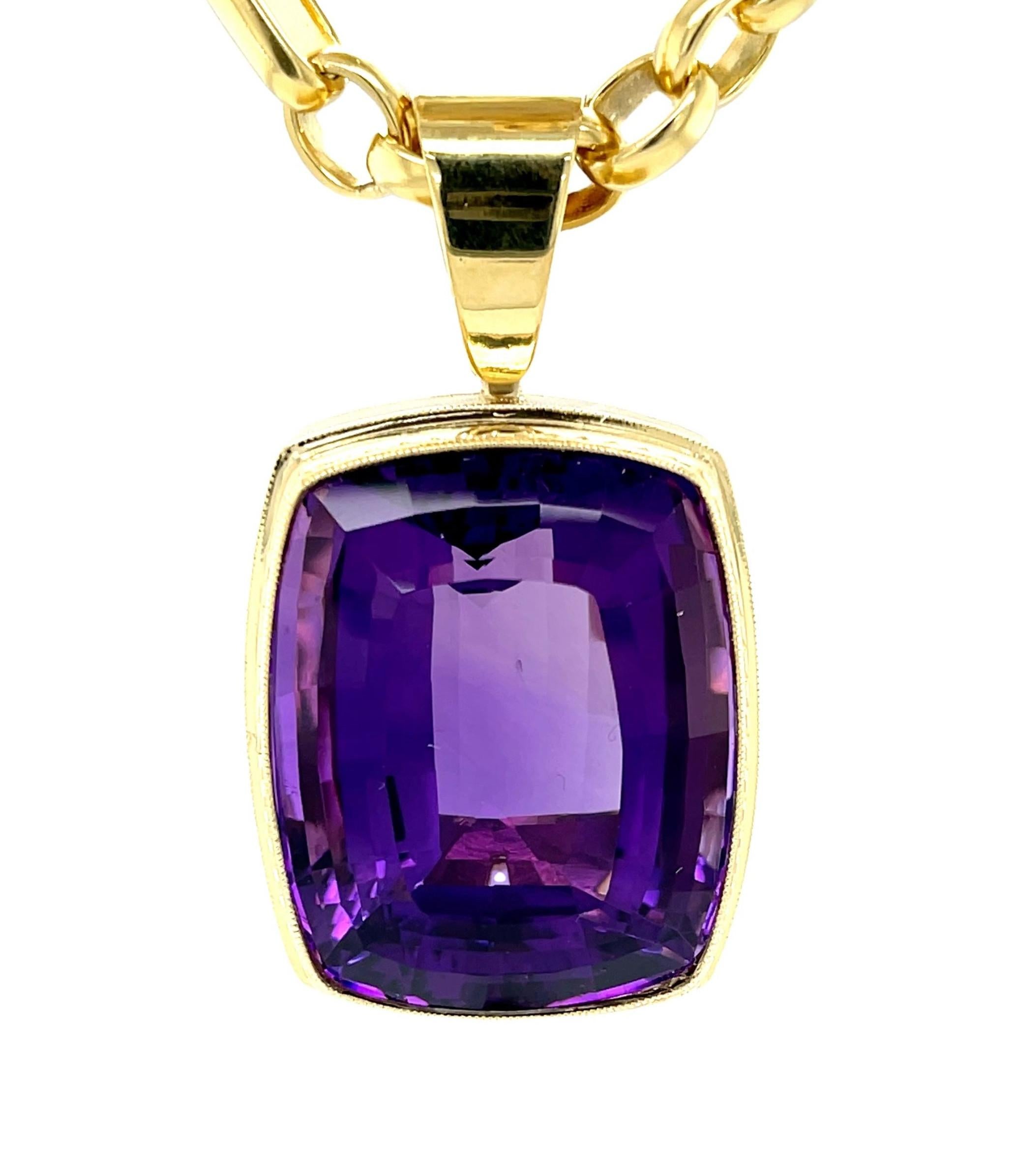 This spectacular handmade pendant showcases an absolute gem amethyst cushion weighing 77.89 carats! An exceptionally fine gemstone with quintessential amethyst color - rich royal purple, this is a real treasure to behold! Our Master Jeweler in Los