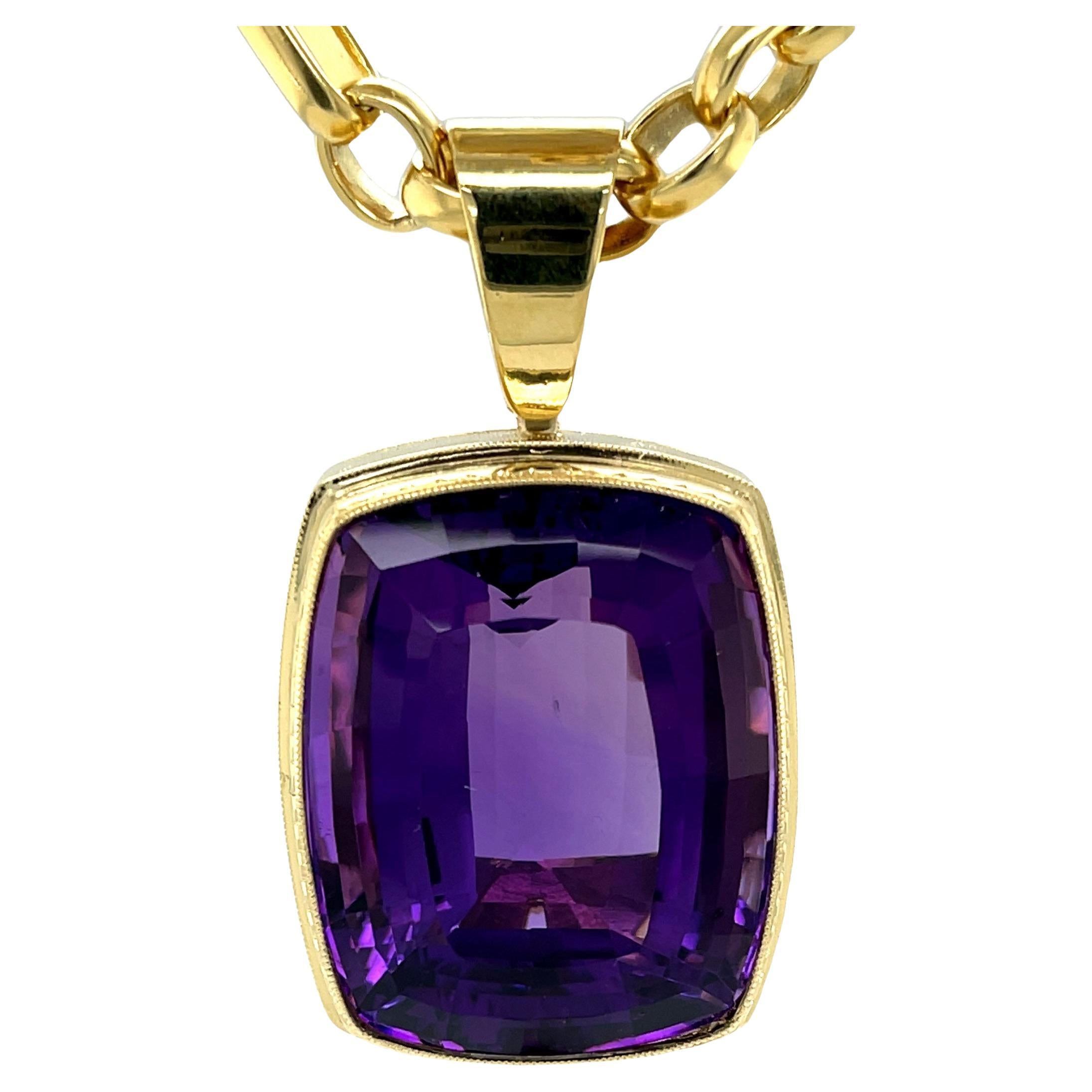 77 Carat Amethyst and 18k Yellow Gold Handmade Pendant  For Sale