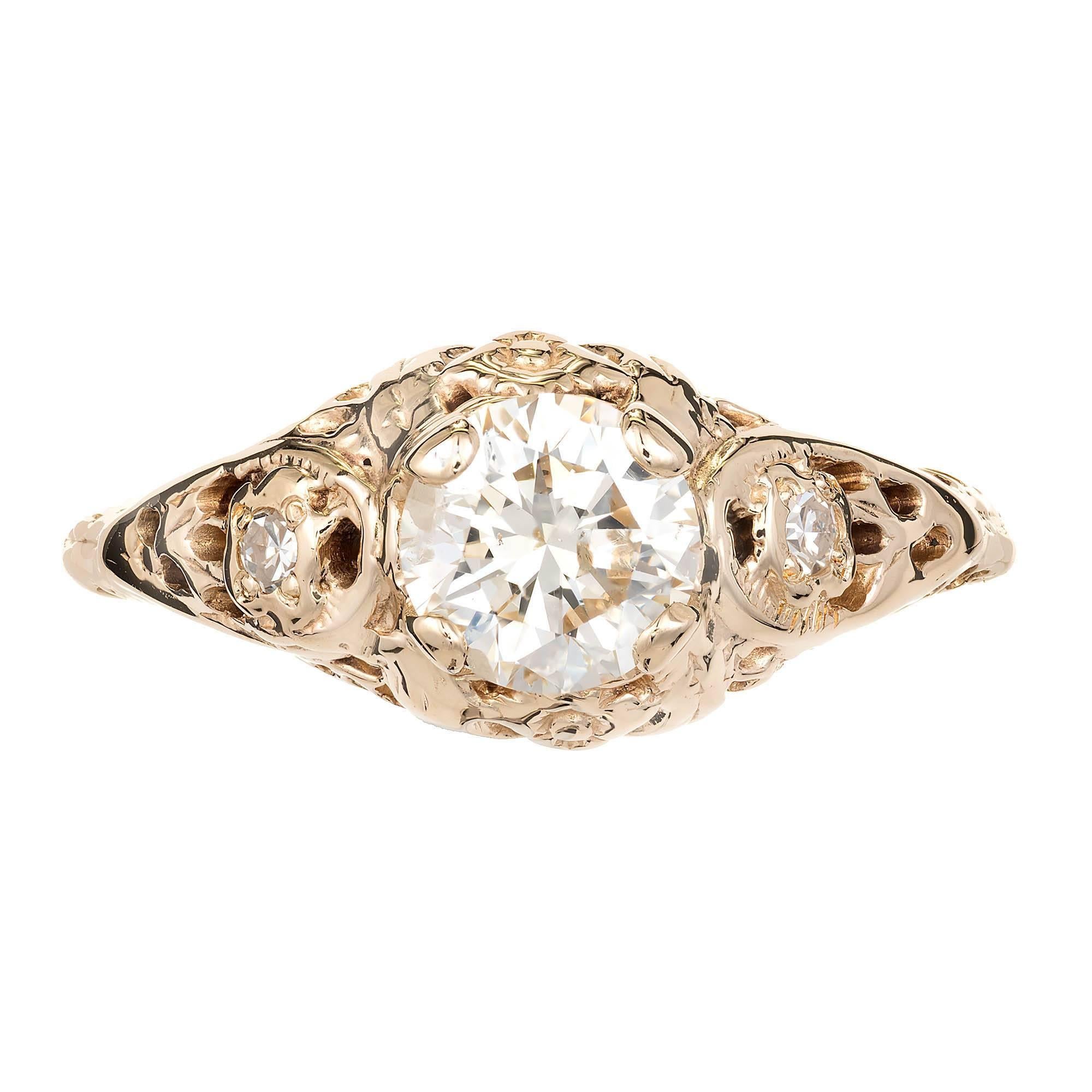 Vintage 1930s Art Deco  14k yellow gold filigree diamond engagement ring. Original transitional cut diamond bright and sparkly. 

1 transitional cut diamond, approx. total weight .77cts, J – K, SI3, 
Size 4.5 and sizable
14k yellow gold
Tested and