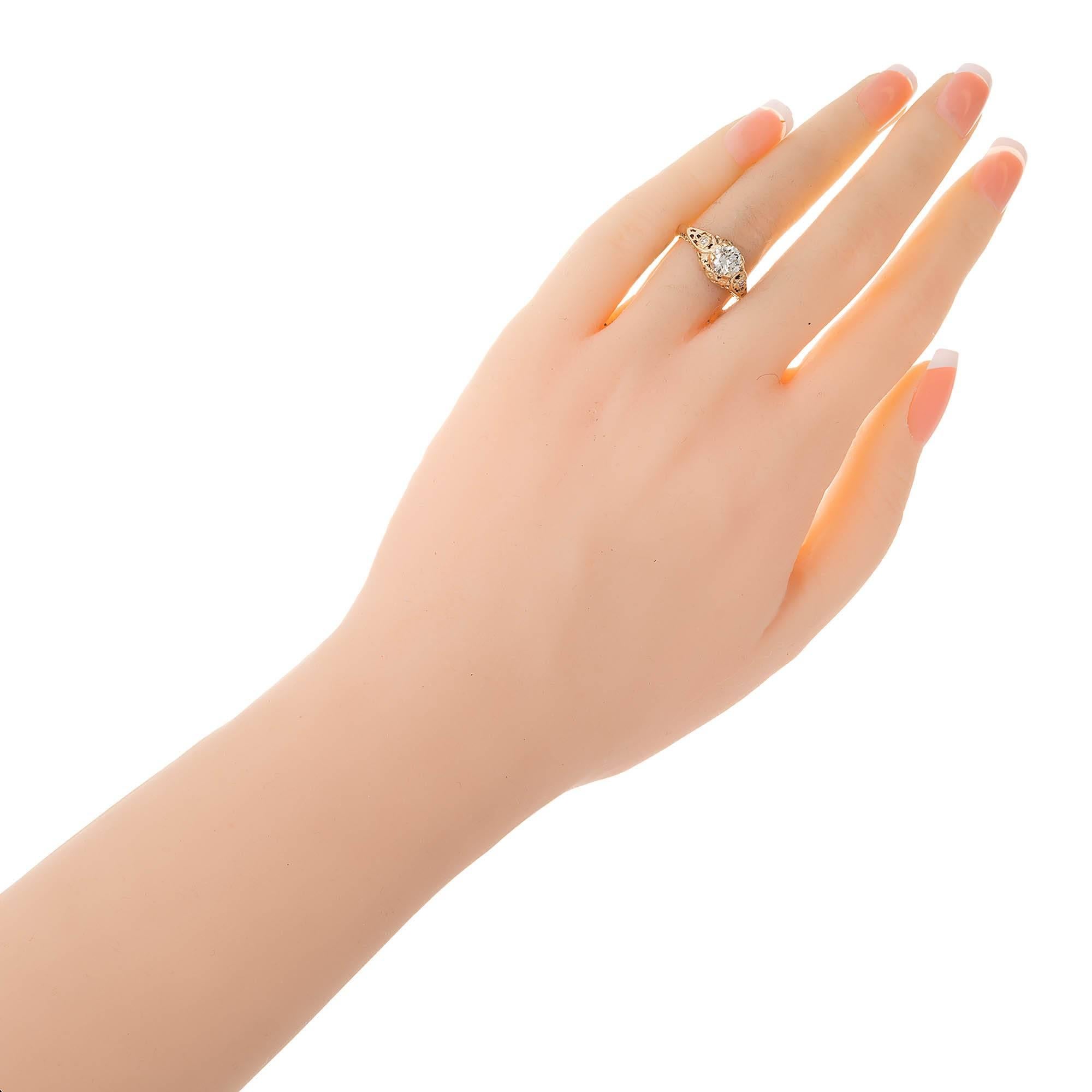 Round Cut .77 Carat Art Deco Diamond Transitional Cut Filigree Gold Engagement Ring