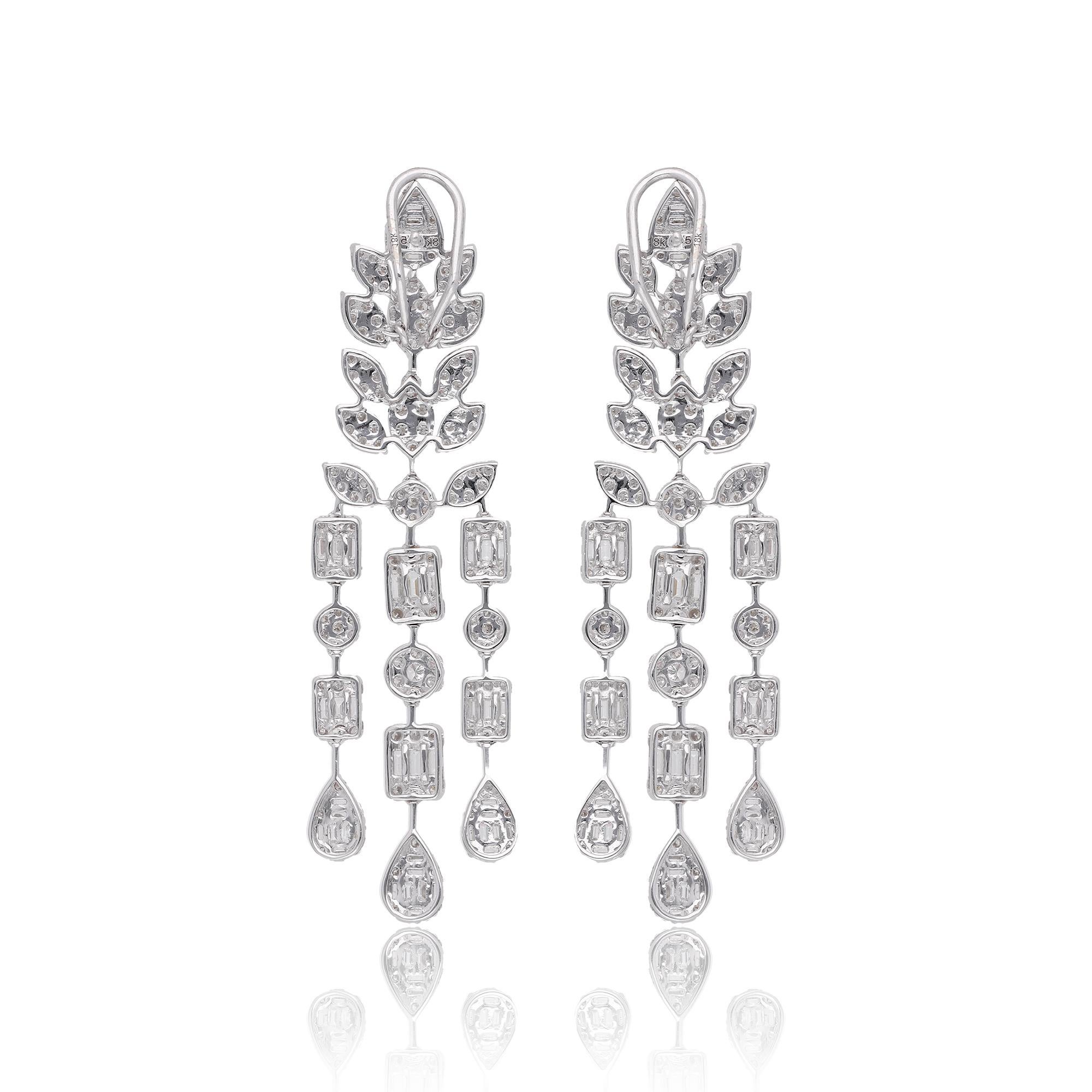 Women's 7.7 Carat Baguette Round Diamond Chandelier Earrings 18 Karat White Gold Jewelry For Sale