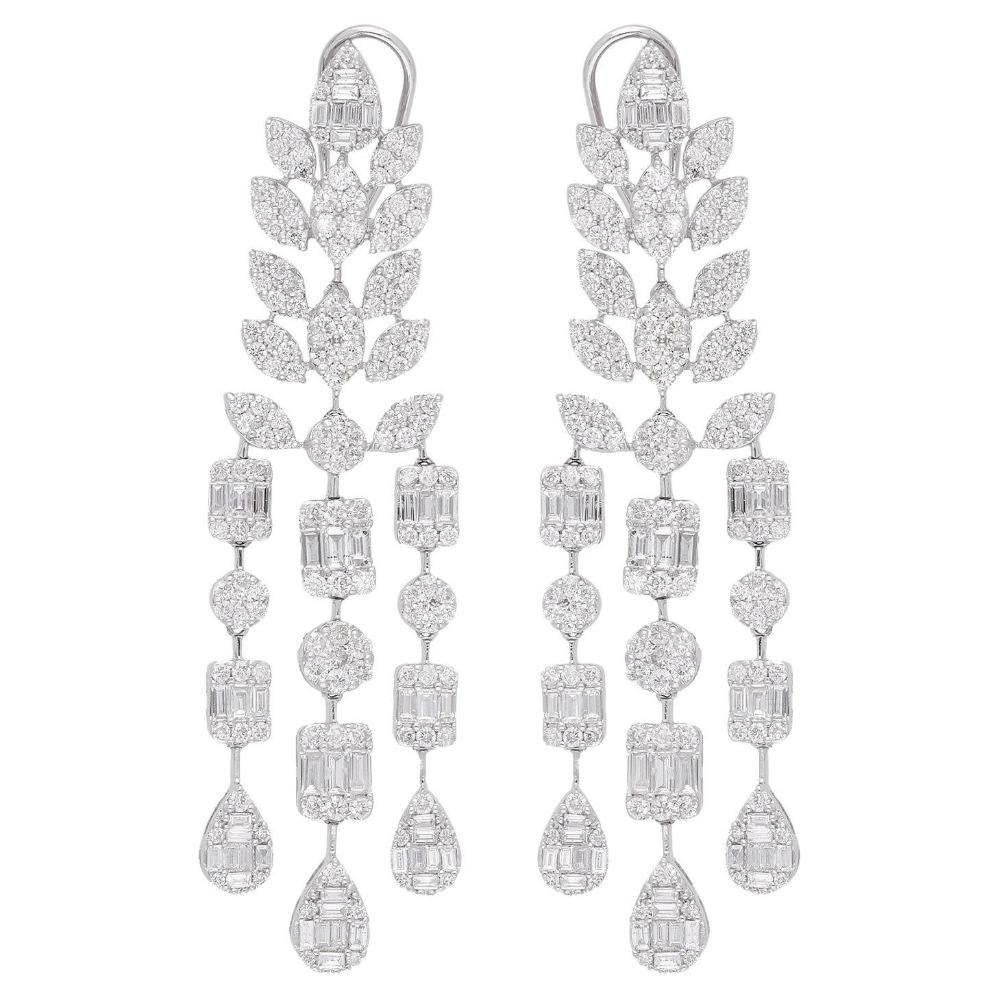 7.7 Carat Baguette Round Diamond Chandelier Earrings 18 Karat White Gold Jewelry For Sale