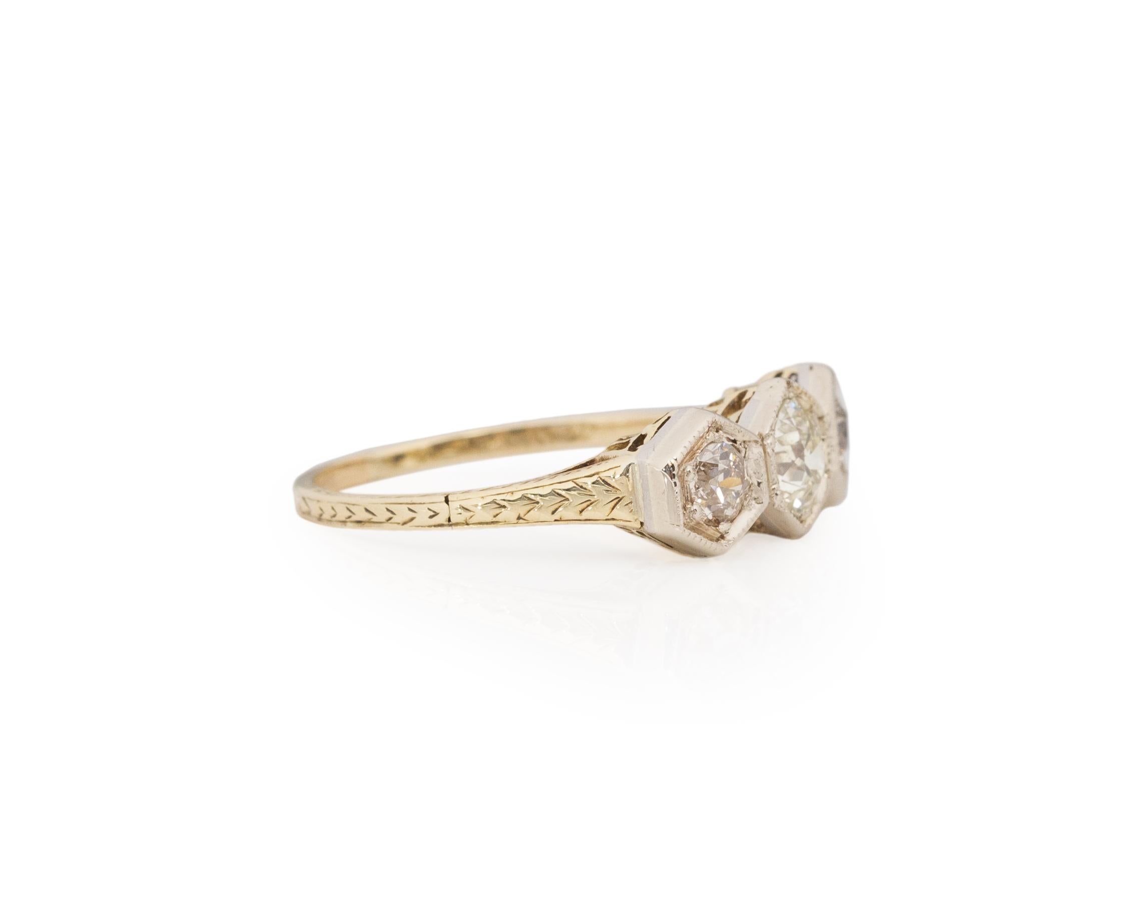 Ring Size: 6.5
Metal Type: 14K Yellow Gold [Hallmarked, and Tested]
Weight: 2.5 grams

Diamond Details:
Weight: .77ct, total Weight
Cut: Old European brilliant
Color: Light Brown to Medium Brown
Clarity: SI

Finger to Top of Stone Measurement: