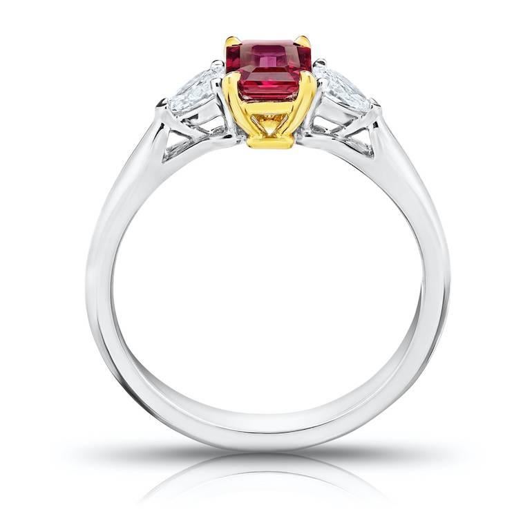 Contemporary .77 Carat Emerald Cut Natural No heat Ruby and Diamond Platinum and 18k Ring