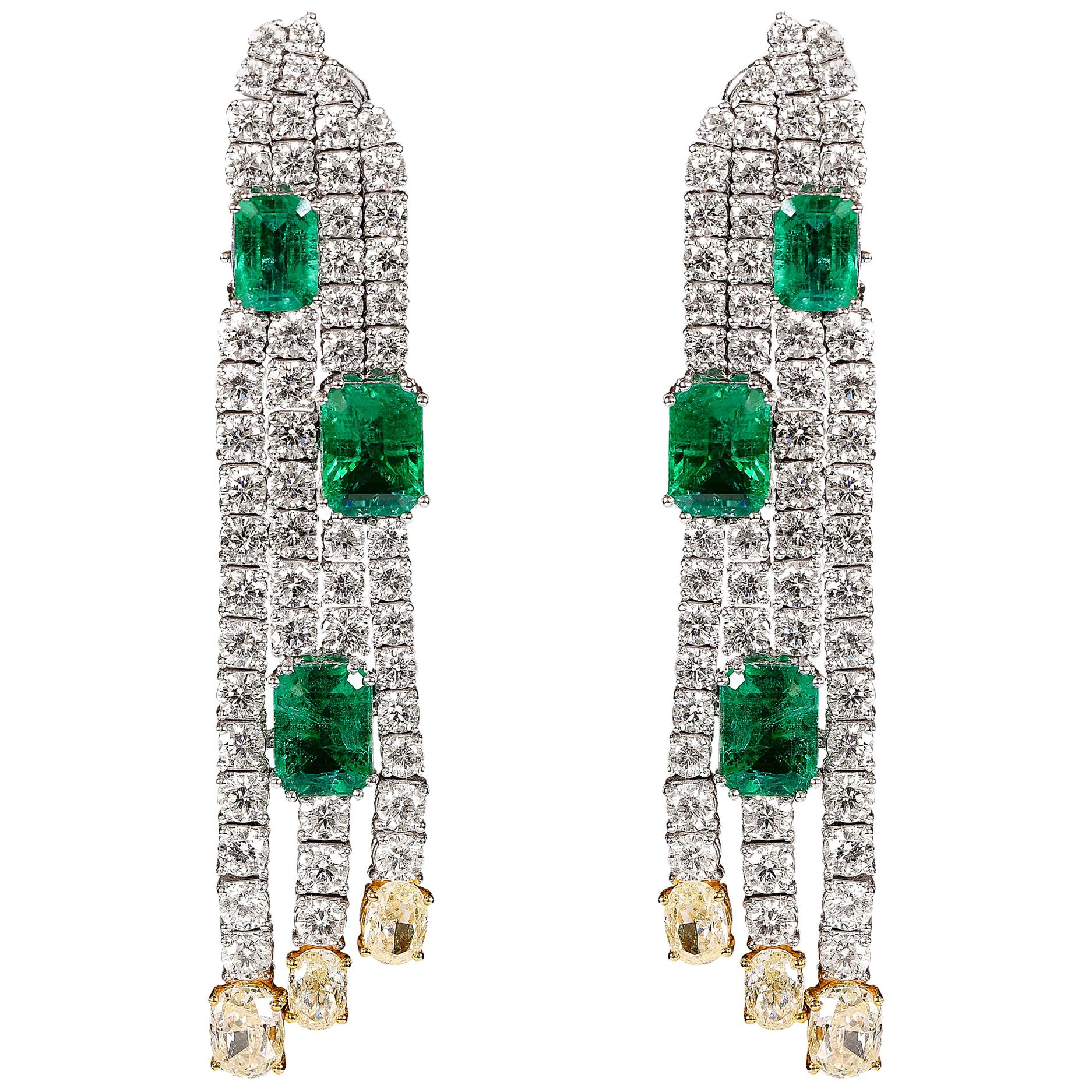 7.7 Carat Emerald, Yellow and White Diamond Earrings in 18 Karat White Gold For Sale