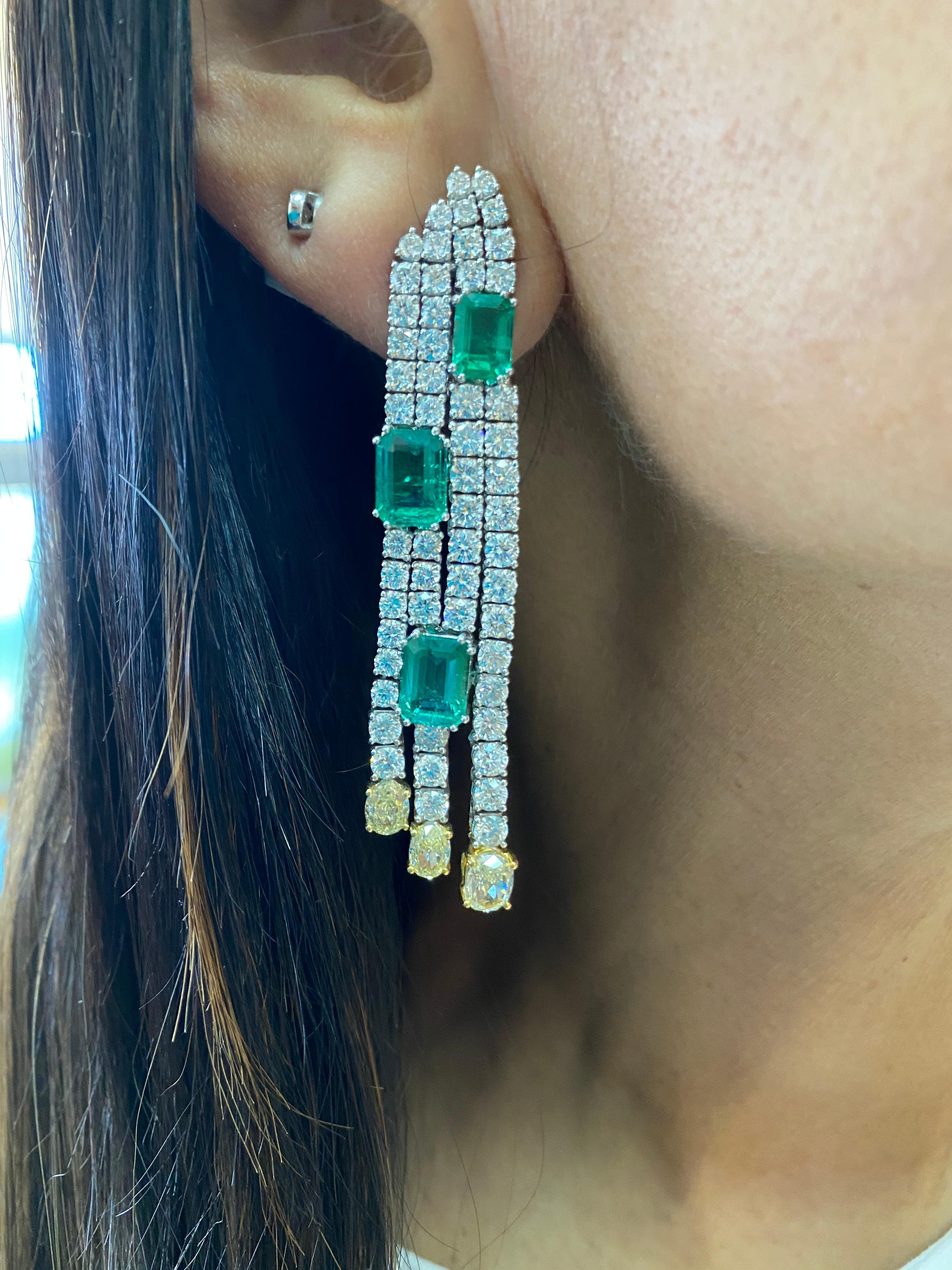 Octagon Cut 7.7 Carat Emerald, Yellow and White Diamond Earrings in 18 Karat White Gold For Sale
