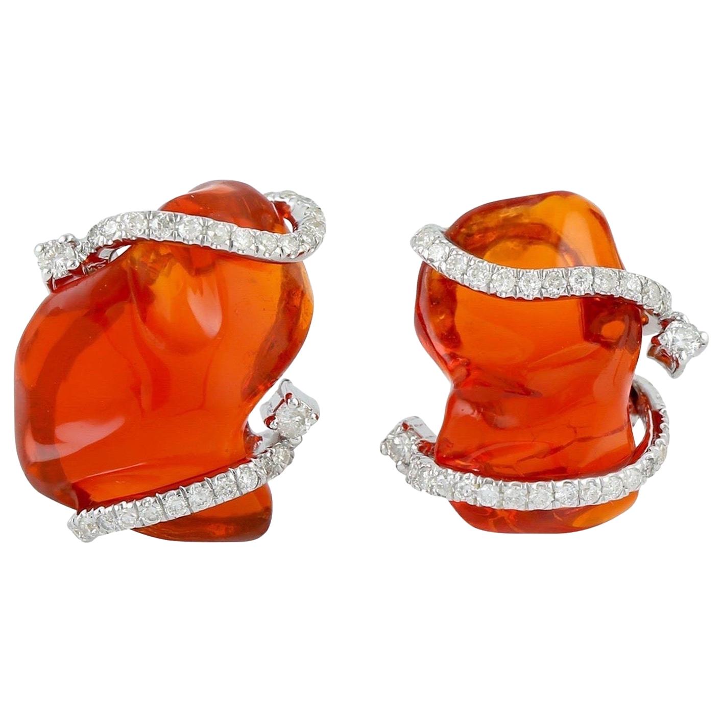 Boucles d'oreilles or 18 carats diamant 7.7 Carat Fire Opal en vente