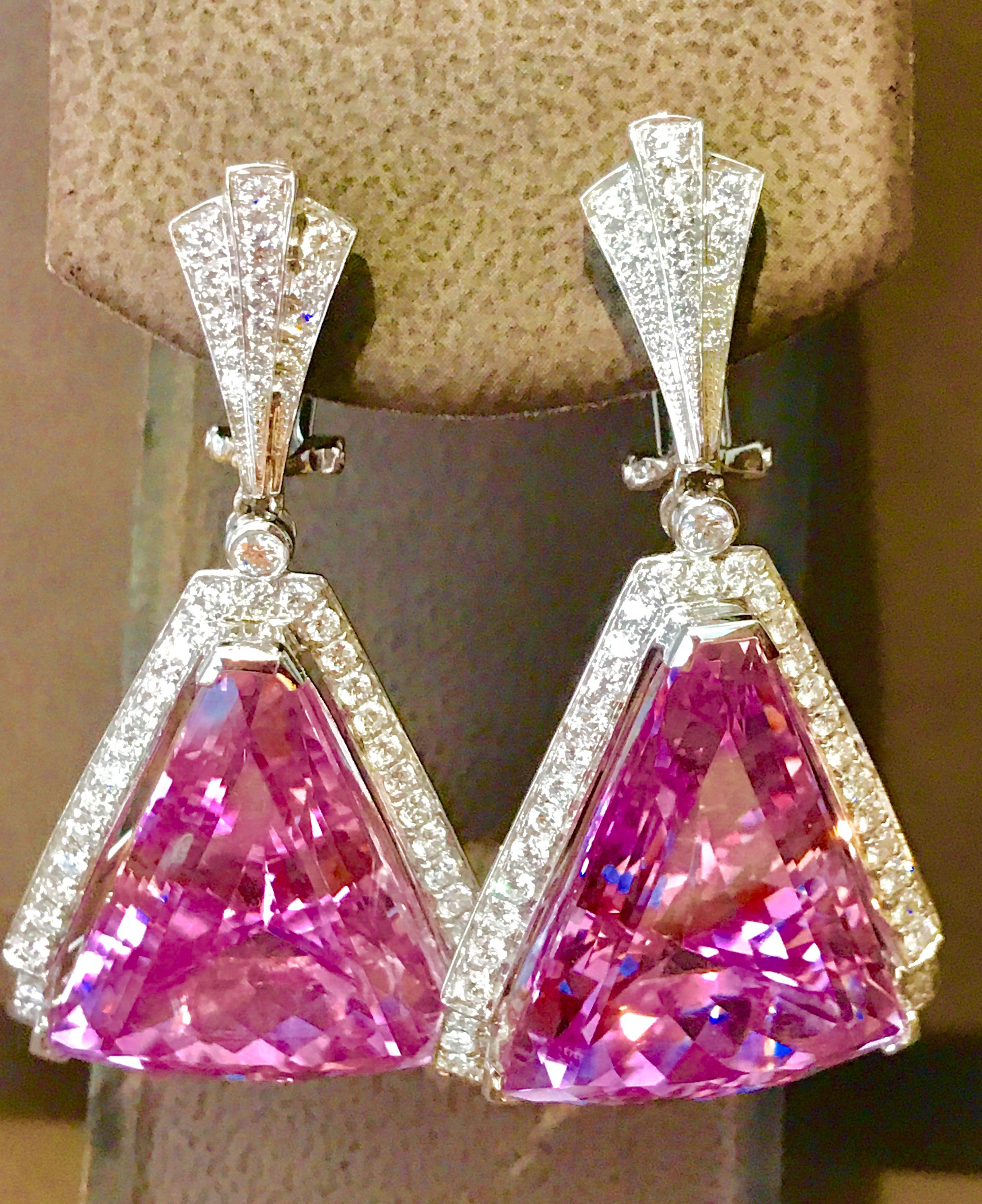  UGL  Certified 76.15 carat  Kunzite and Diamond Earrings, Estate UGL certified # 3282536
Very large  Kunzite Hanging Earrings total weight 77 ct , perfect pair made in  18 carat White  gold 
 Diamonds: approximate 3.78 carat , VS Quality G