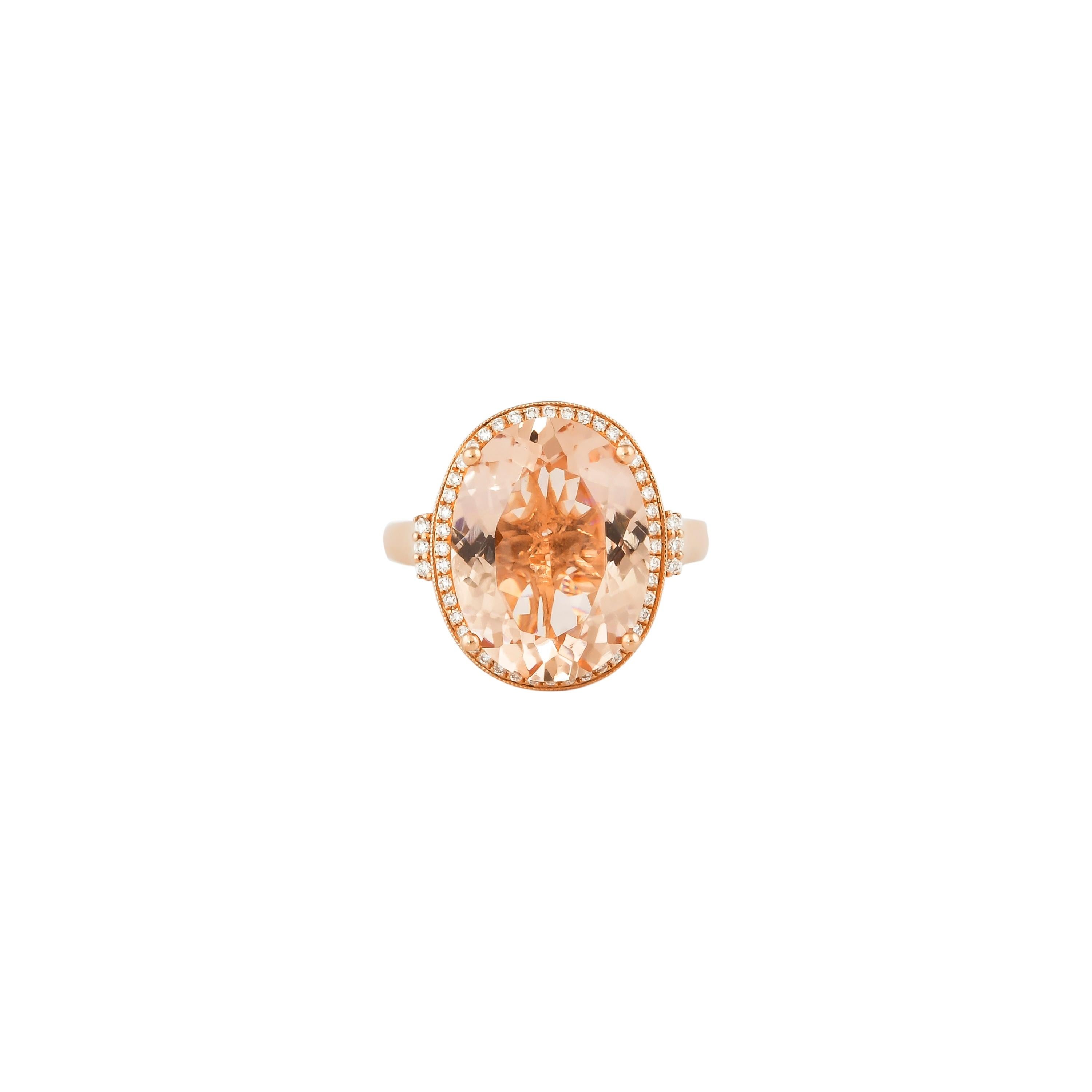 This collection features an array of magnificent morganites! Accented with diamonds these rings are made in rose gold and present a classic yet elegant look. 

Classic morganite ring in 18K rose gold with diamonds. 

Morganite: 7.77 carat oval