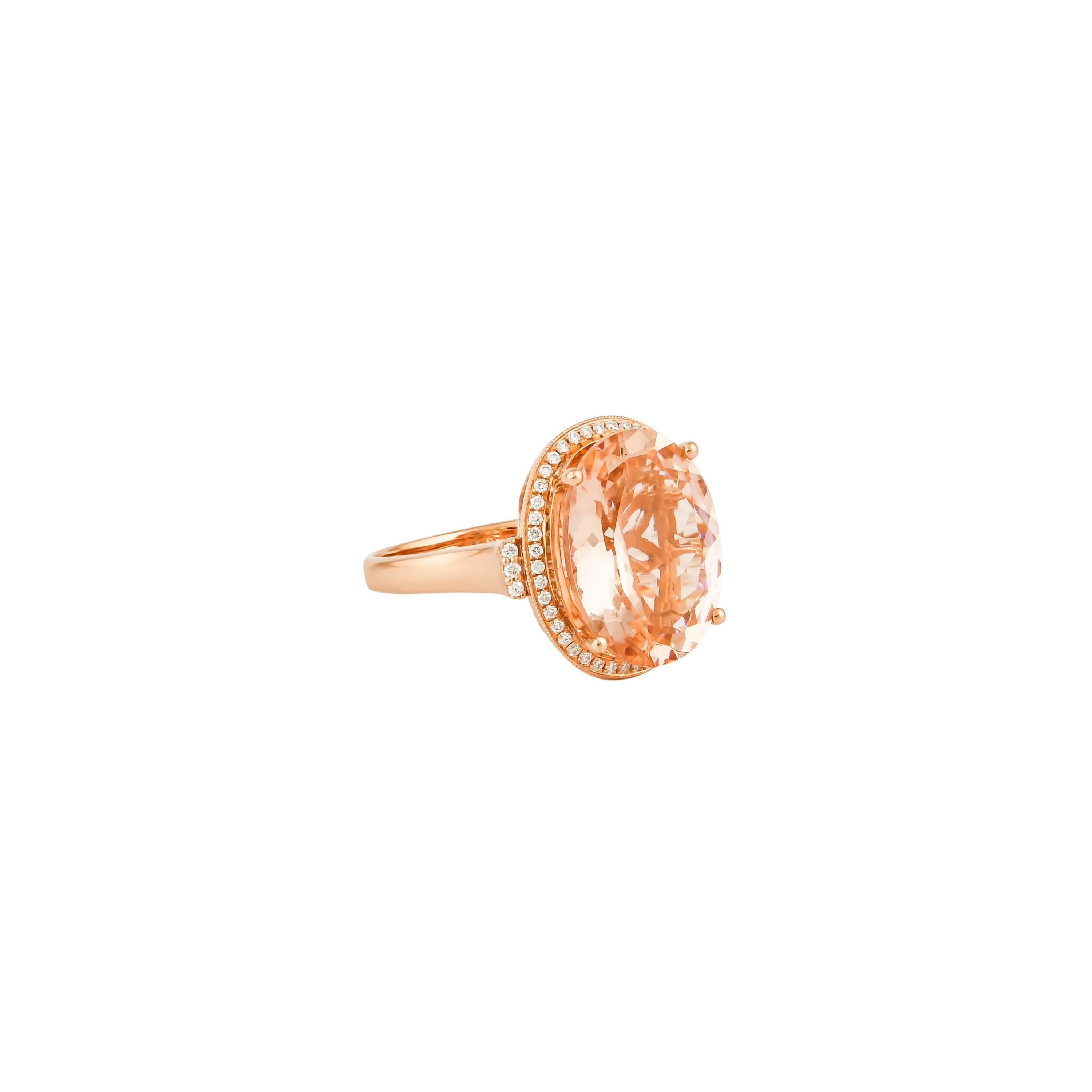 Contemporary 7.7 Carat Morganite and Diamond Ring in 18 Karat Rose Gold