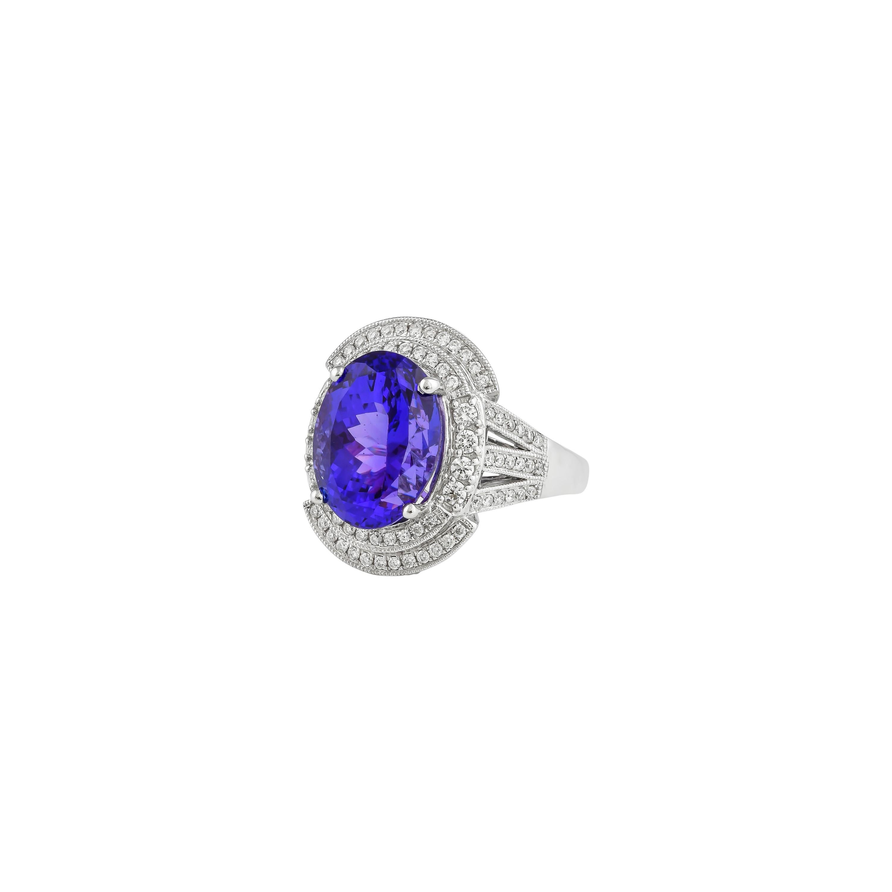 Oval Cut 7.7 Carat Tanzanite and White Diamond Ring in 18 Karat White Gold For Sale