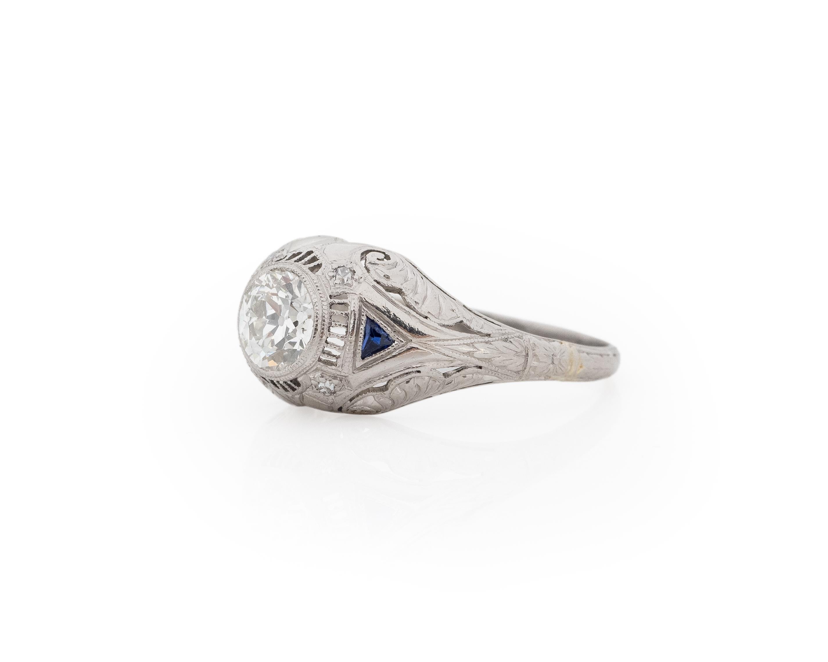 Old European Cut .77 Carat Total Weight Art Deco Diamond Platinum Engagement Ring For Sale