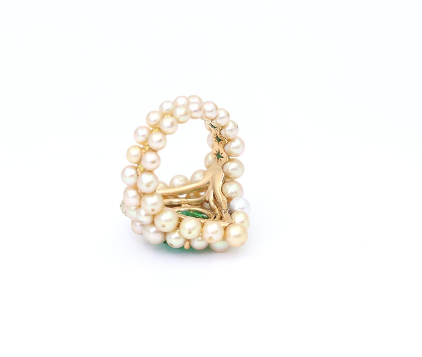 7.7 Ct Demantoid Garnet Pearls Diamonds Antonio Seijo 18K Ring Certified, 2010 For Sale 4