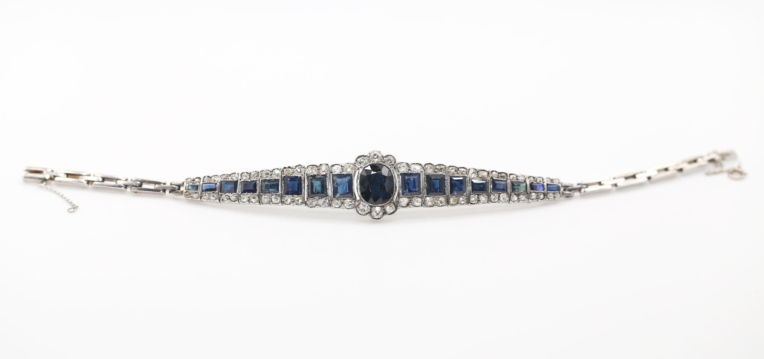 Approximately 7.7 Carats of Sapphires and 2.7 Carats of  Diamonds set in Platinum and Gold Bracelet. 
Created around 1890 in Europe. 

Fine and really flexible item. The bracelet sits perfectly on a hand. It can be worn both daily and for special
