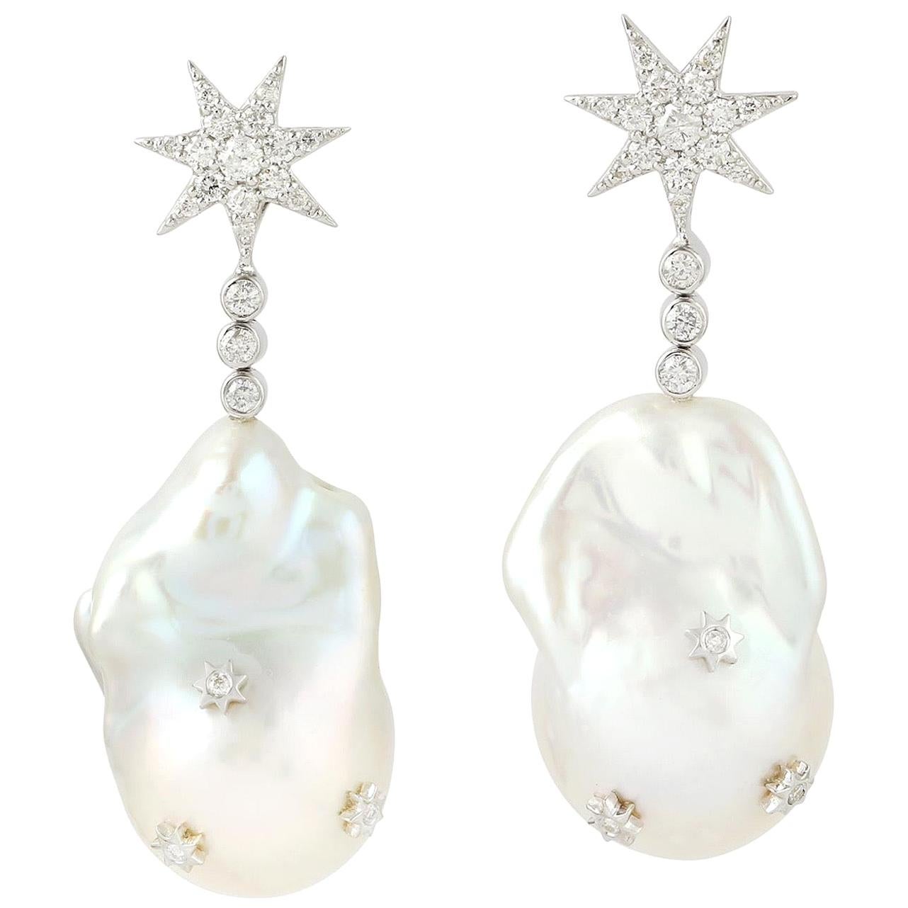 77.0 Carat Pearl 18 Karat Gold Diamond Star Earrings