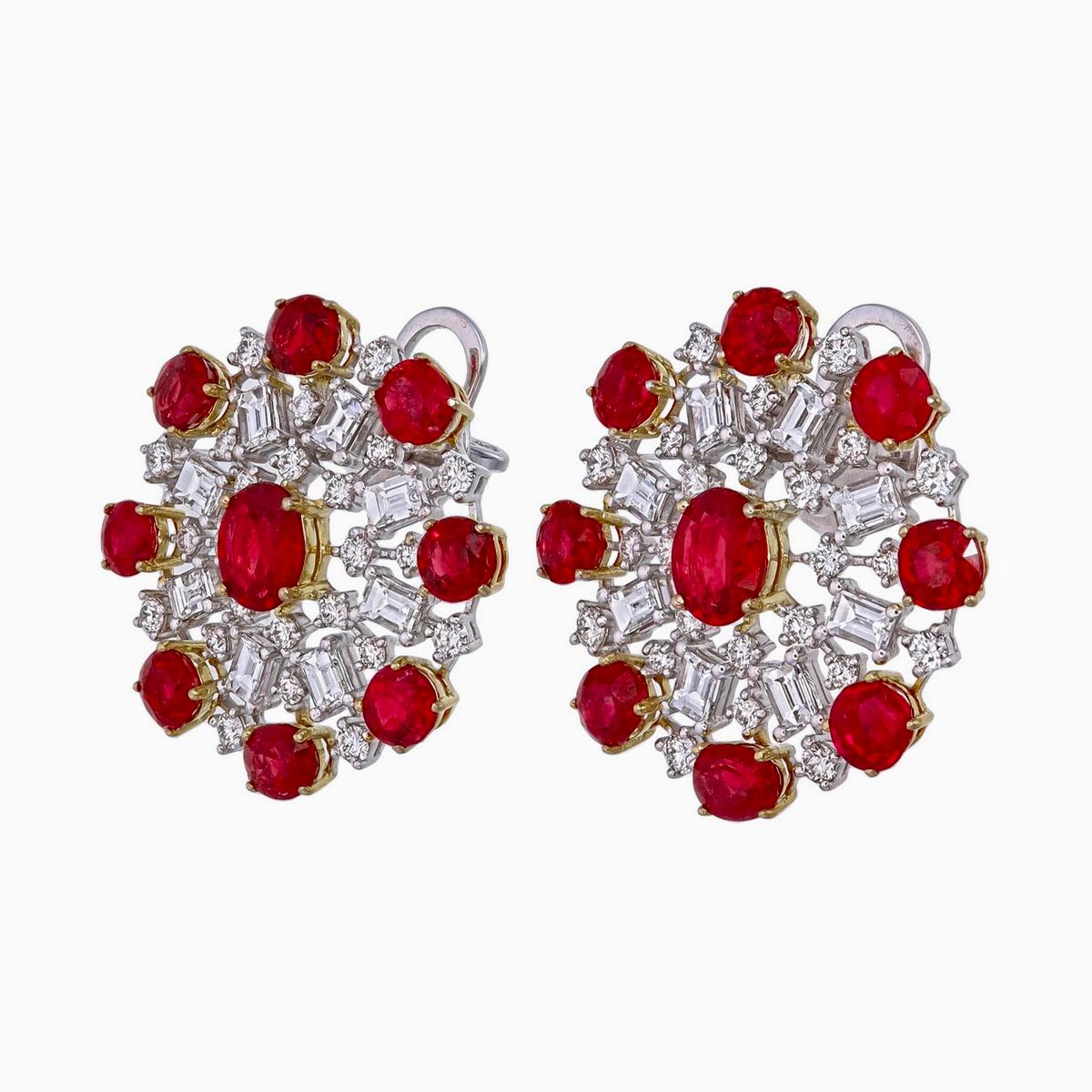 Baguette Cut 7.70 Carat Burma Ruby No Heat and Diamond Earrings in 18 Karat White Gold For Sale