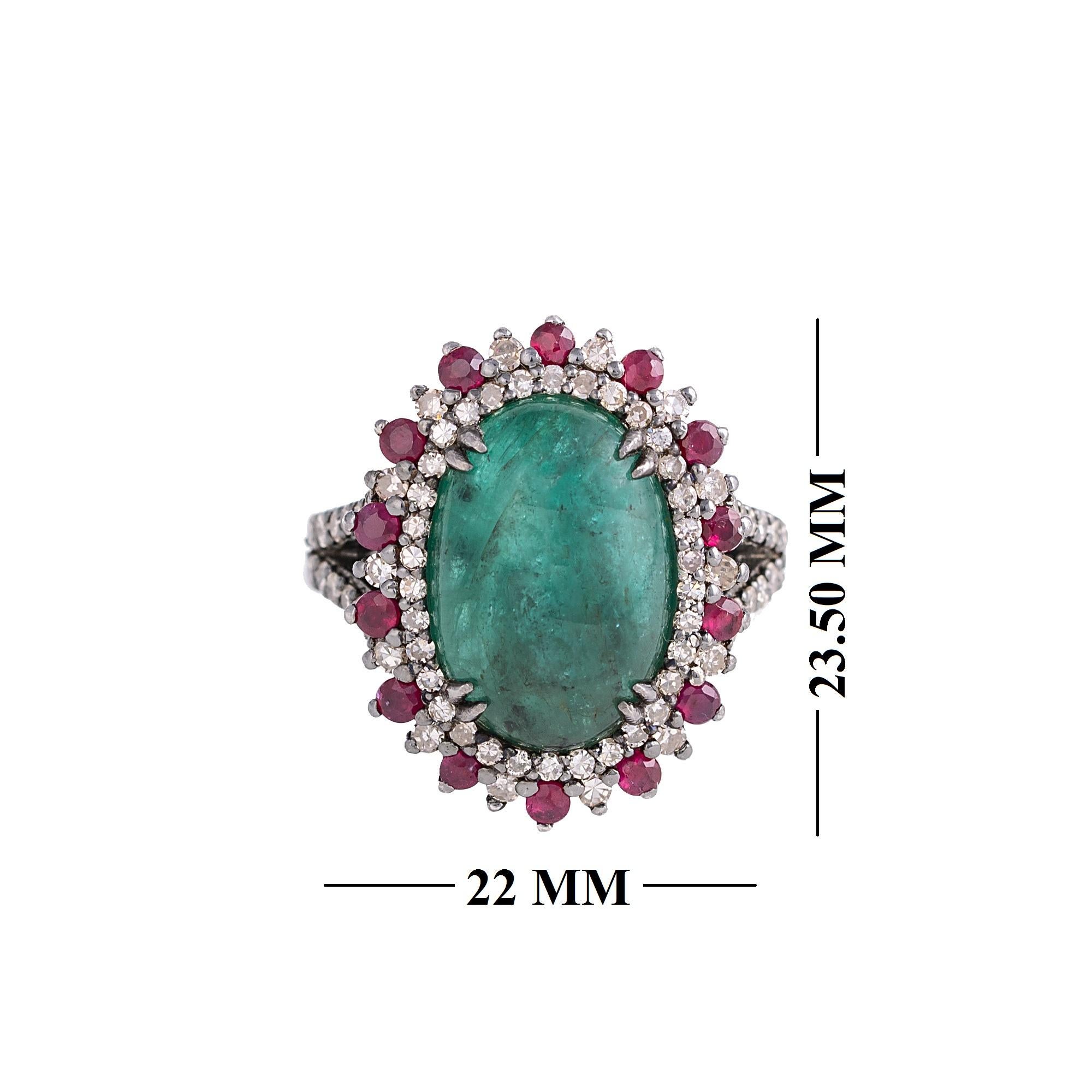 7.70 Carat Cabochon-Cut Emerald, Diamond, and Ruby Cocktail Ring in Art-Deco For Sale 2