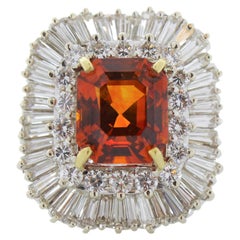 7.70 Carat Emerald Cut Orange Sapphire and Diamond Ring in 18K White Gold