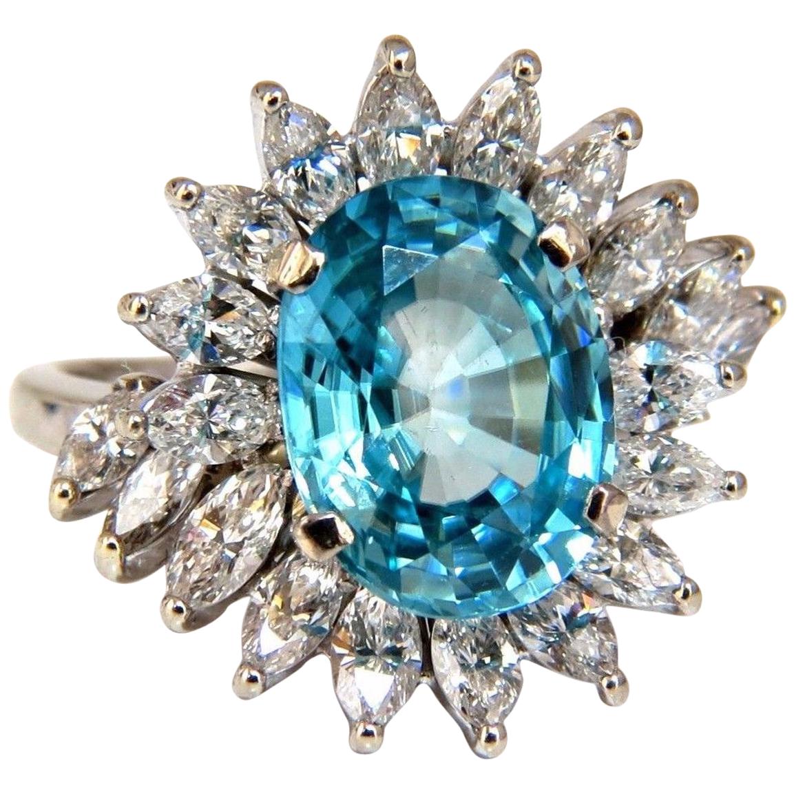7.70 Carat Natural Indigo Blue Zircon Diamonds Ring 18 Karat