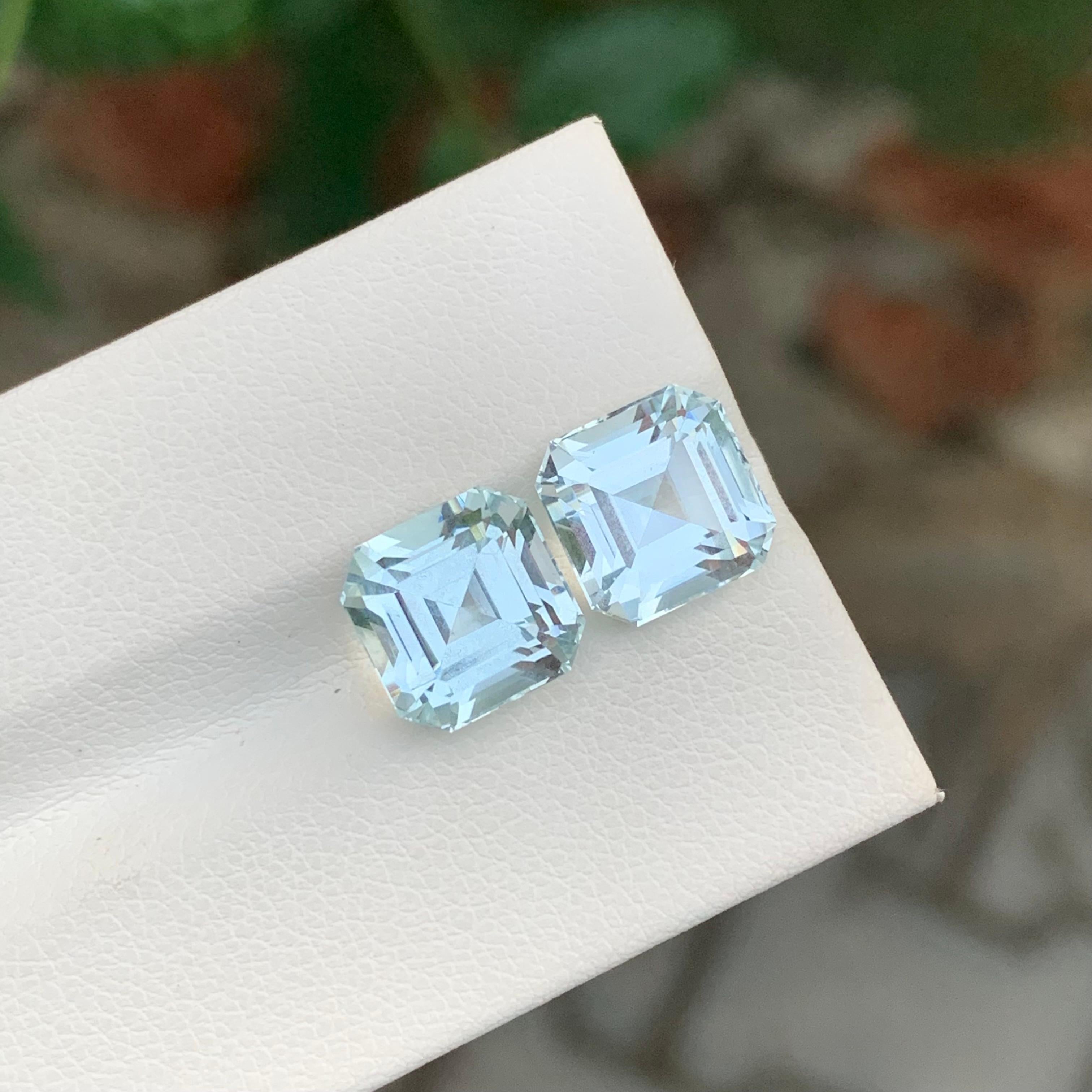 Loose Aquamarine Pair
Weight: 7.70 Carat
Dimension: 8.9 x 8.9 x 7.6 Mm And 
                    8.8 x 8.8 x 6.8 Mm 
Colour : Pale Blue
Origin: Shigar Valley, Pakistan
Treatment: Non
Certificate : On Demand
Shape: Square 

Aquamarine is a captivating