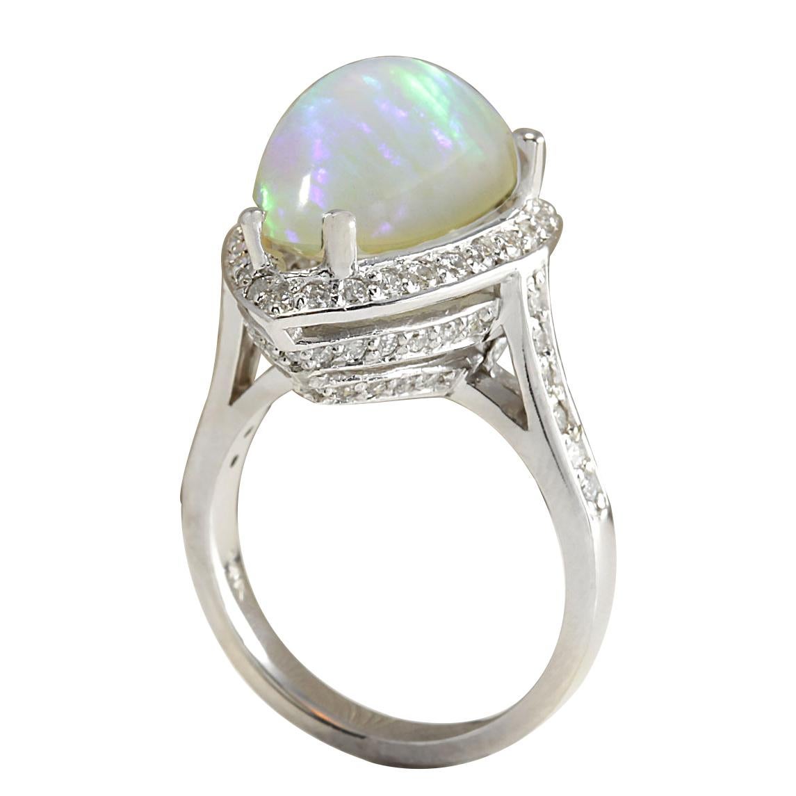 Pear Cut Natural Opal Diamond Ring In 14 Karat White Gold  For Sale
