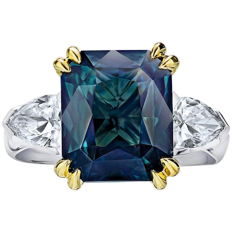 7.70 Carat Radiant Cut Green Sapphire and Diamond Ring